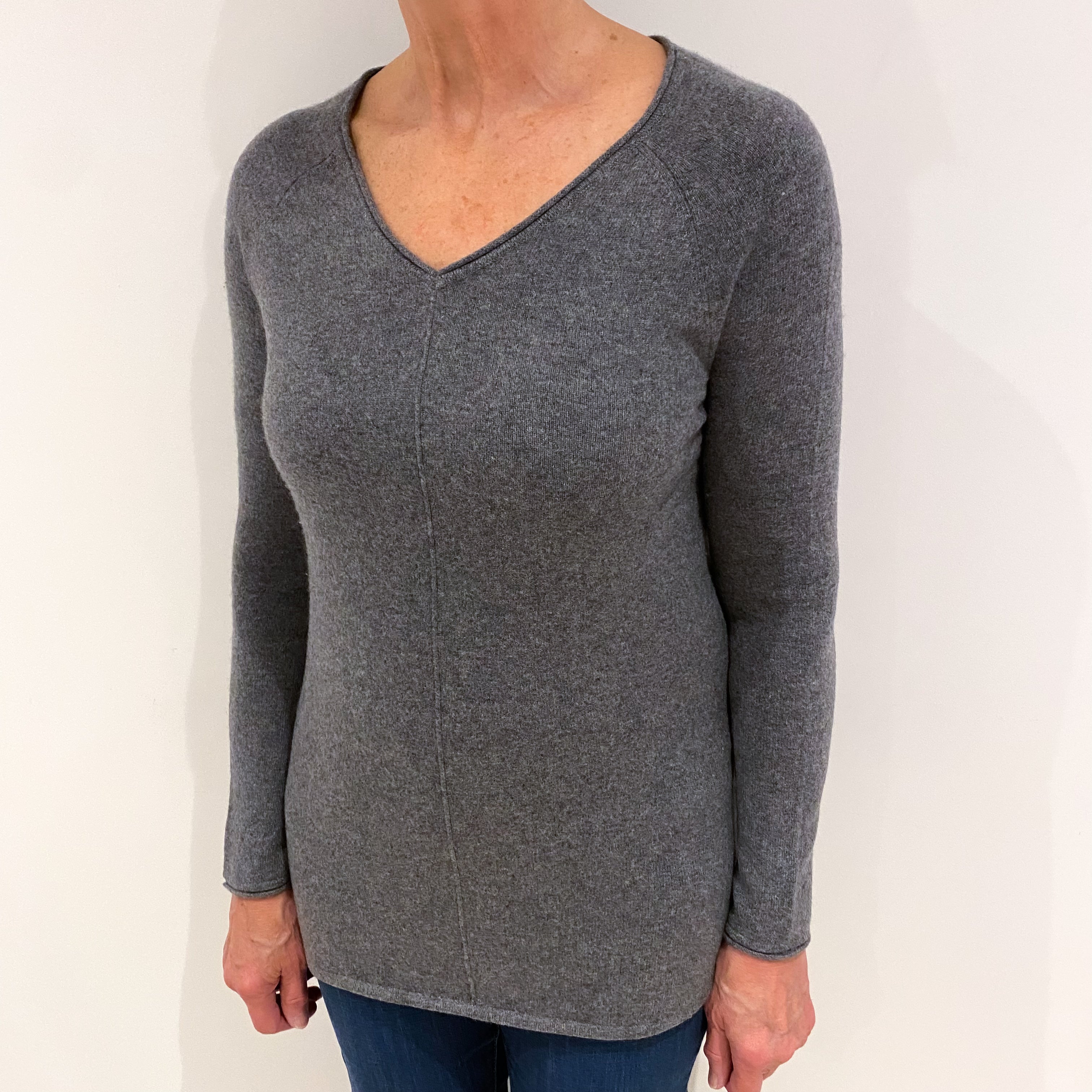 Ash Grey Cashmere V Neck Jumper Medium