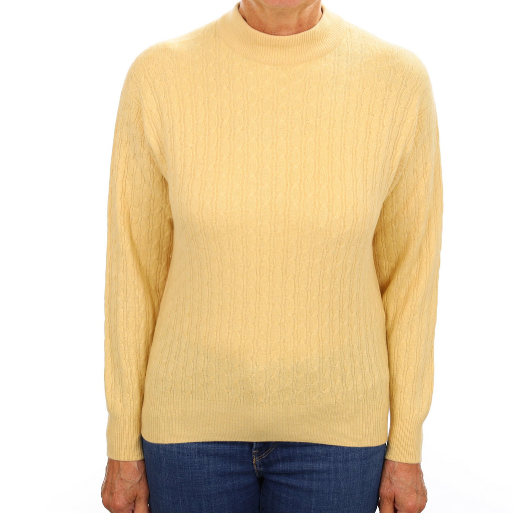 Buttermilk Yellow Cashmere Turtle Neck Cable Knit Jumper Medium