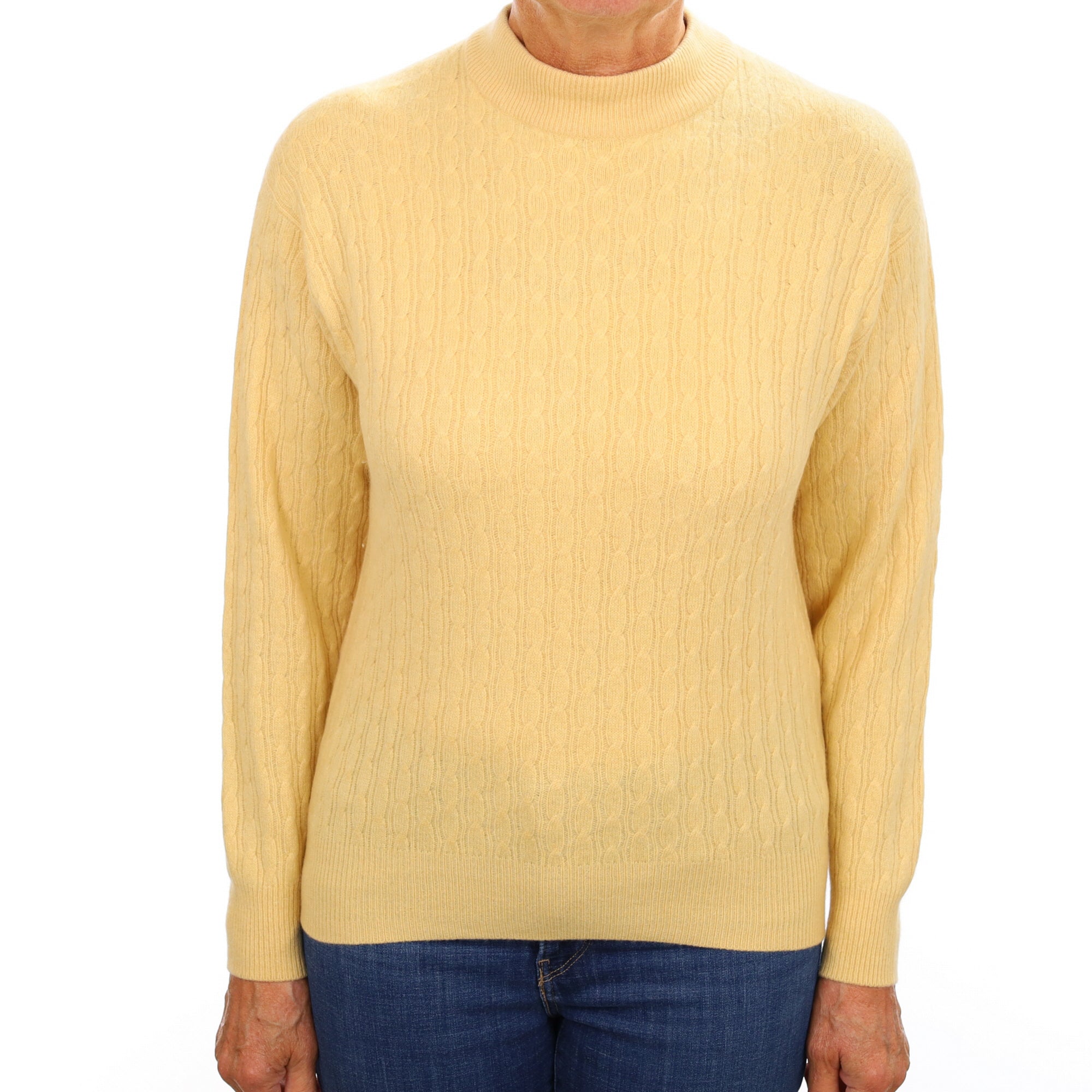 Buttermilk Yellow Cashmere Turtle Neck Cable Knit Jumper Medium