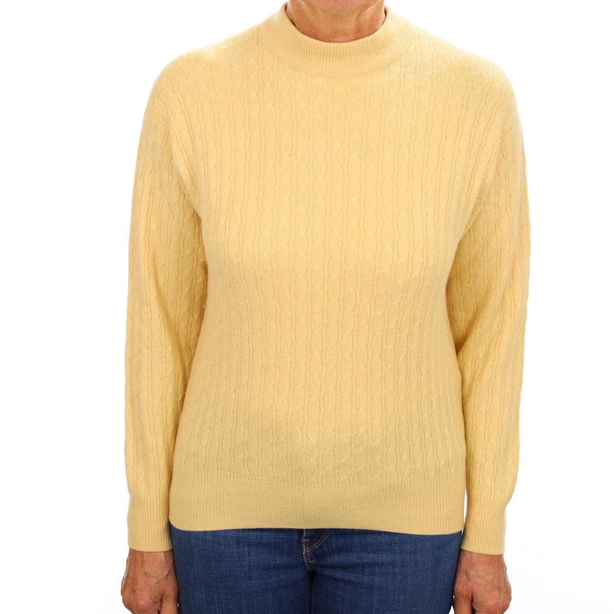 Buttermilk Yellow Cashmere Turtle Neck Cable Knit Jumper Medium