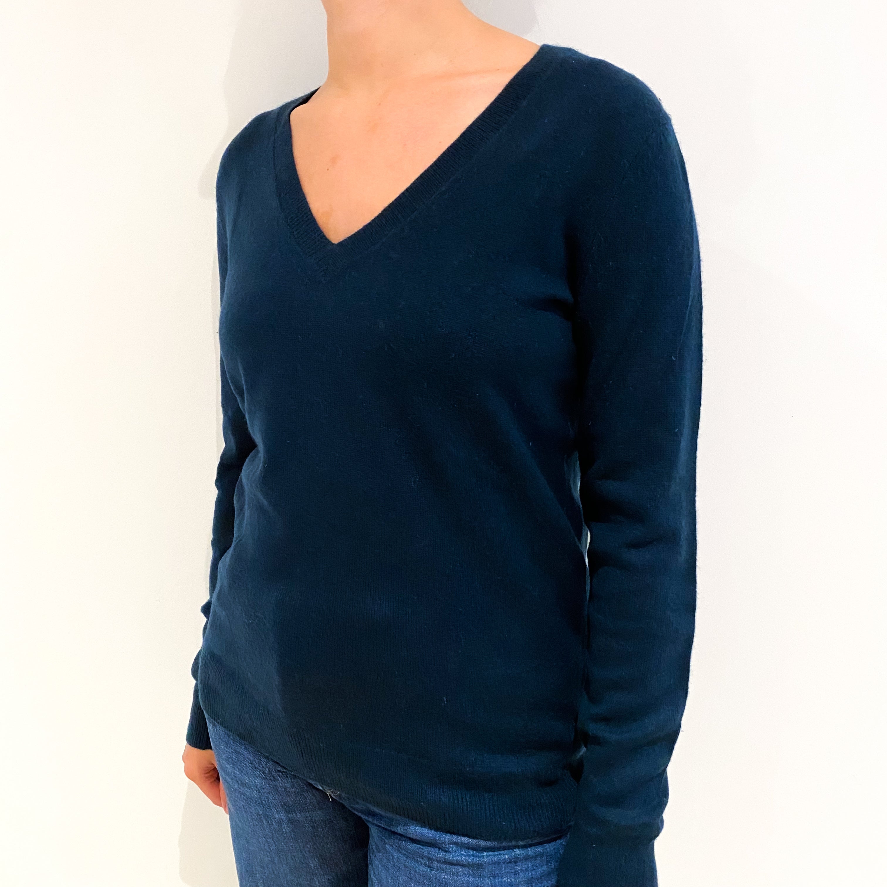 Dark Teal Green Cashmere V-Neck Jumper Small