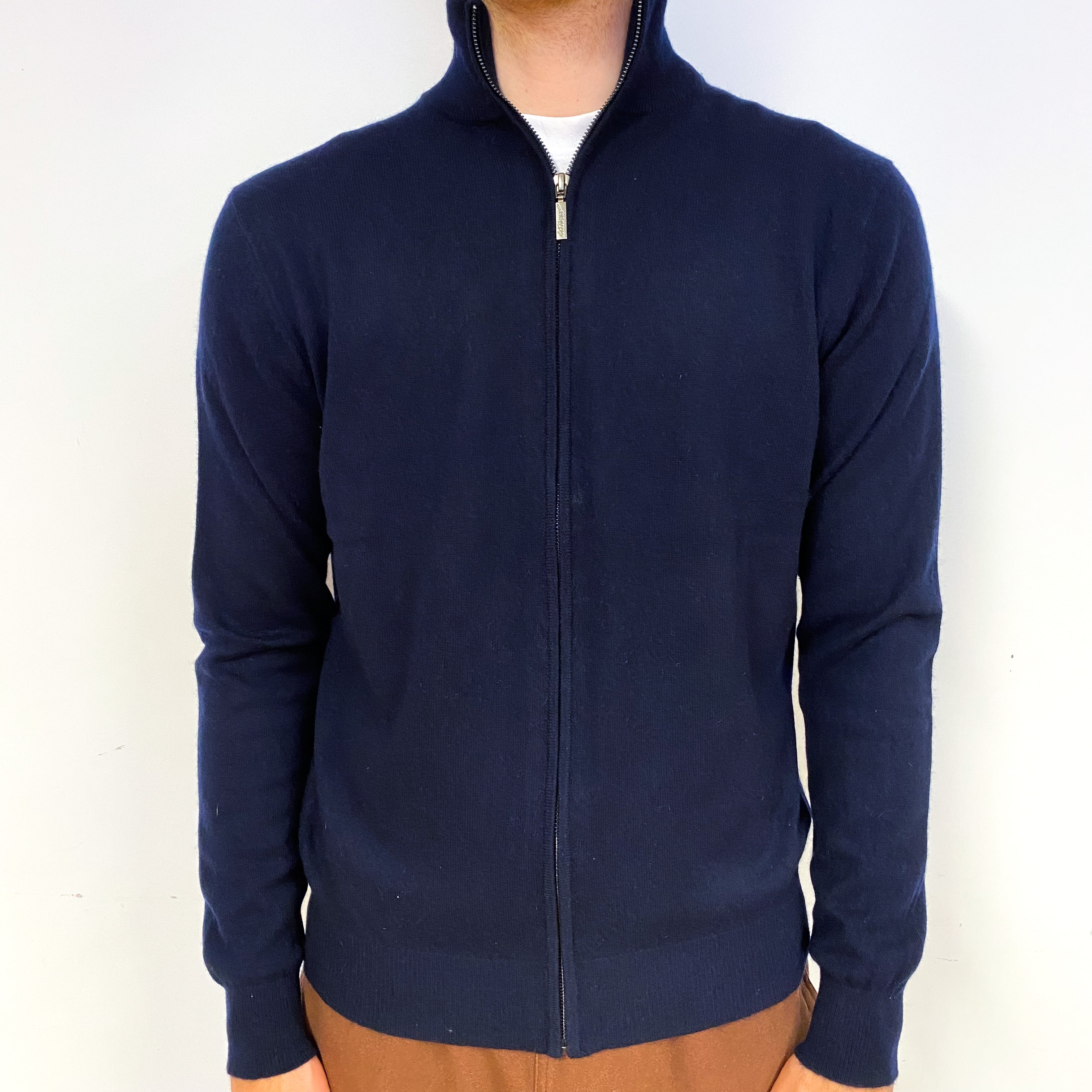 Men's Navy Blue Cashmere Zip Turtle Neck Cardigan Large