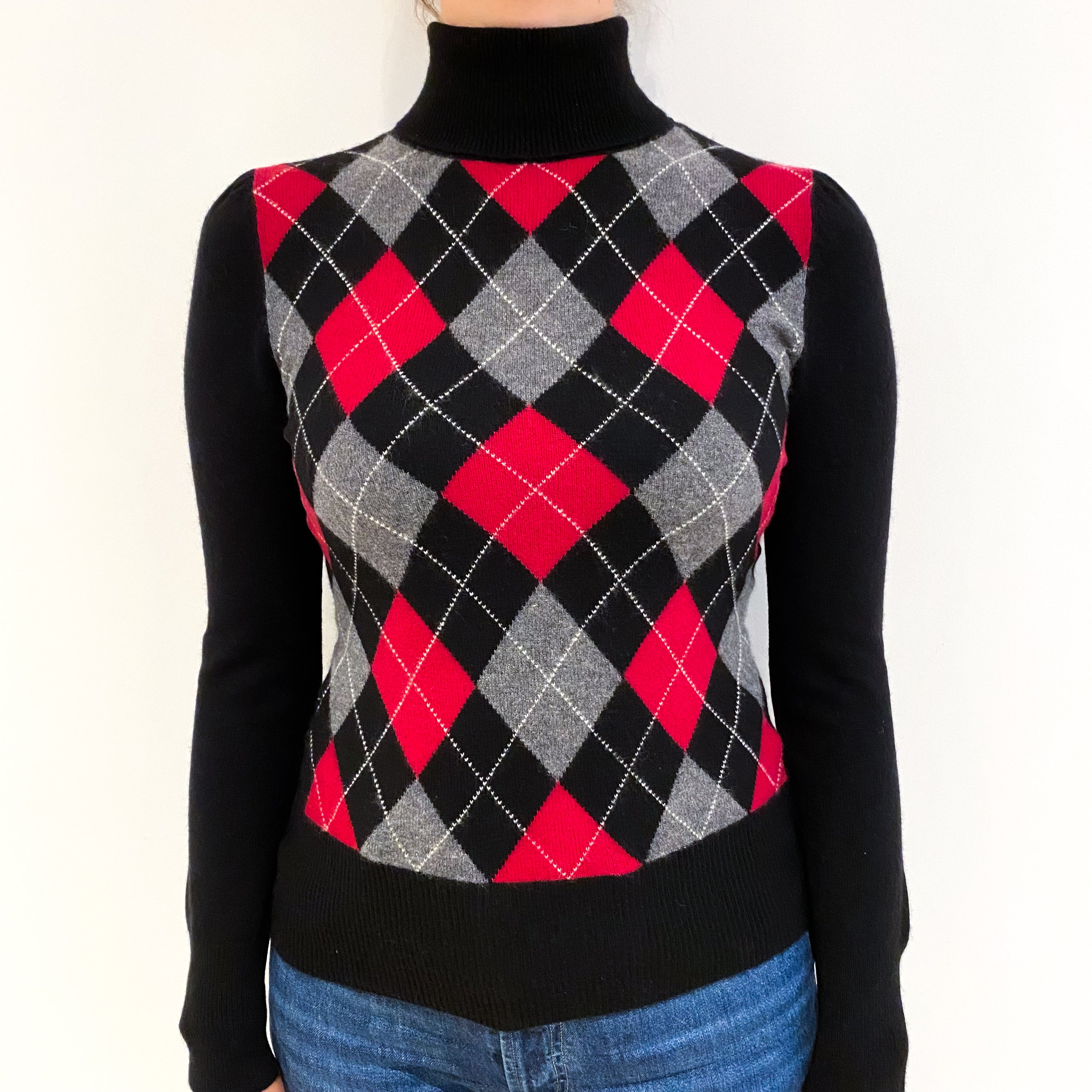 Black and Red Argyle Cashmere Polo Neck Jumper Small