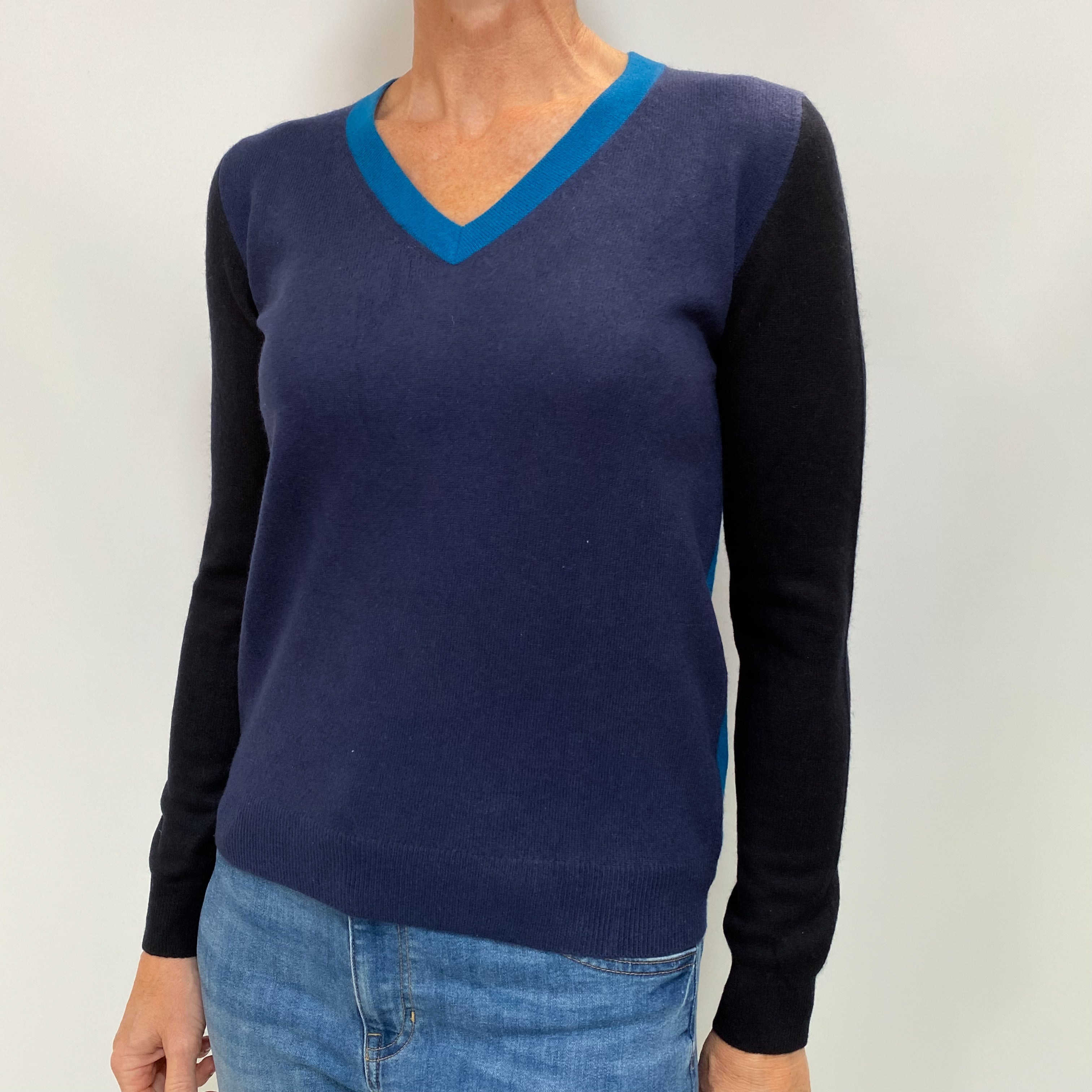 Blue Colourblock Cashmere V Neck Jumper Small