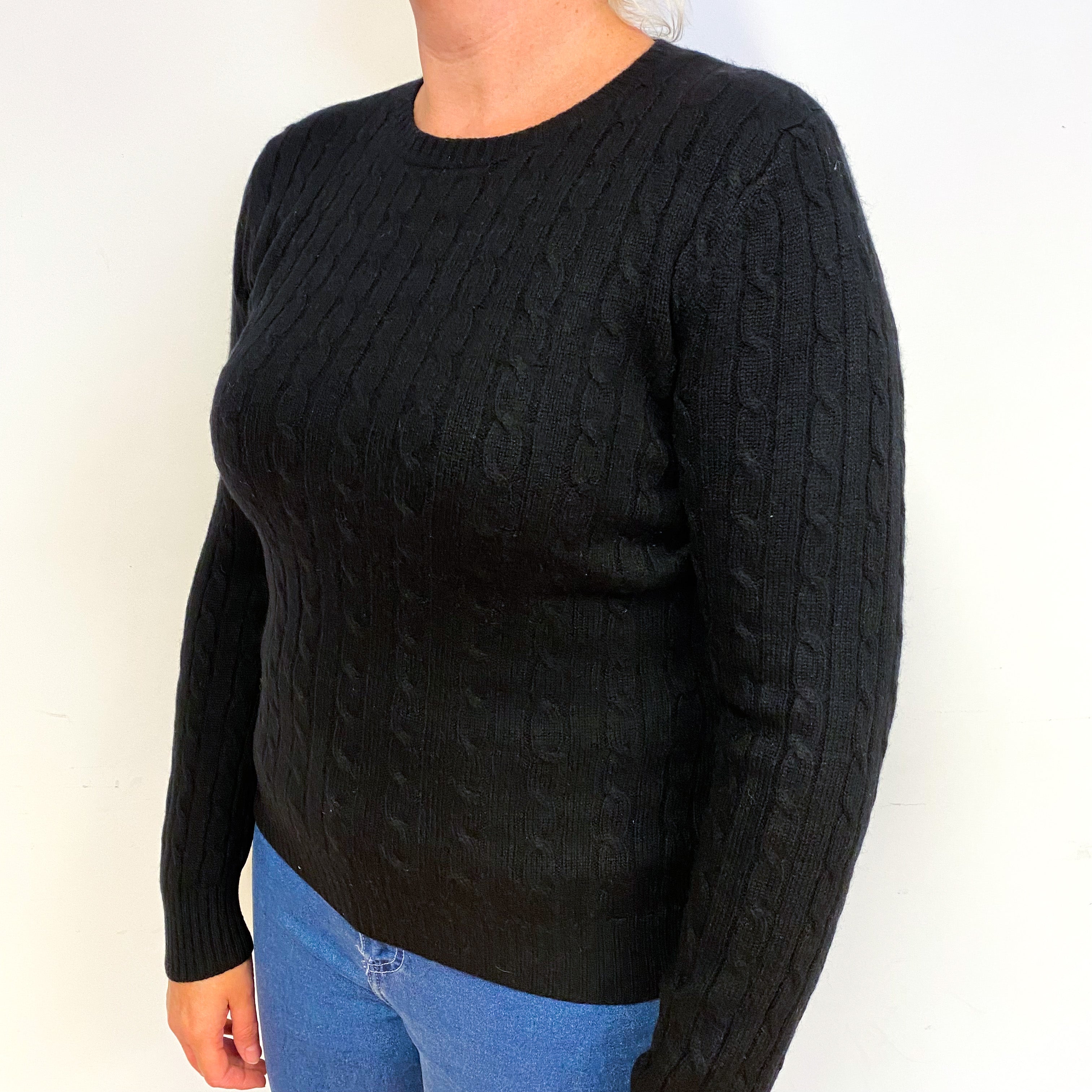 Black Cable Cashmere Crew Neck Jumper Large