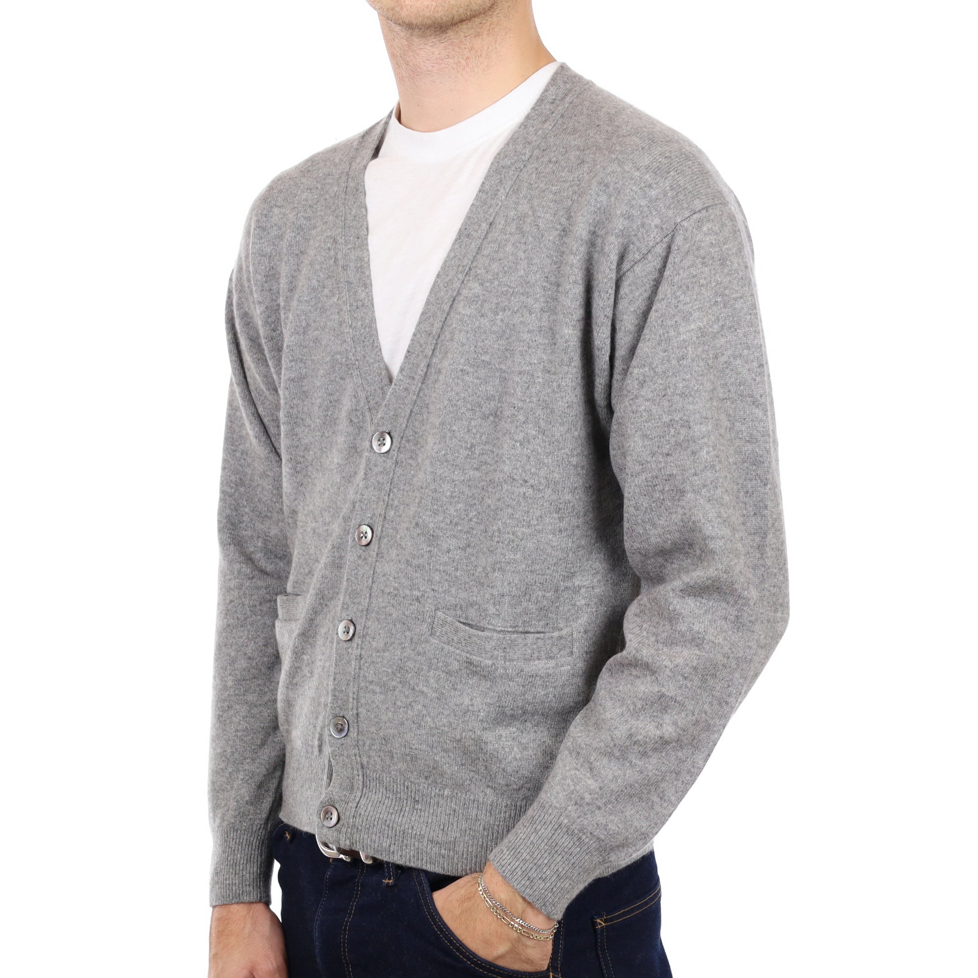 Men's Smoke Grey Cashmere V Neck Cardigan Medium