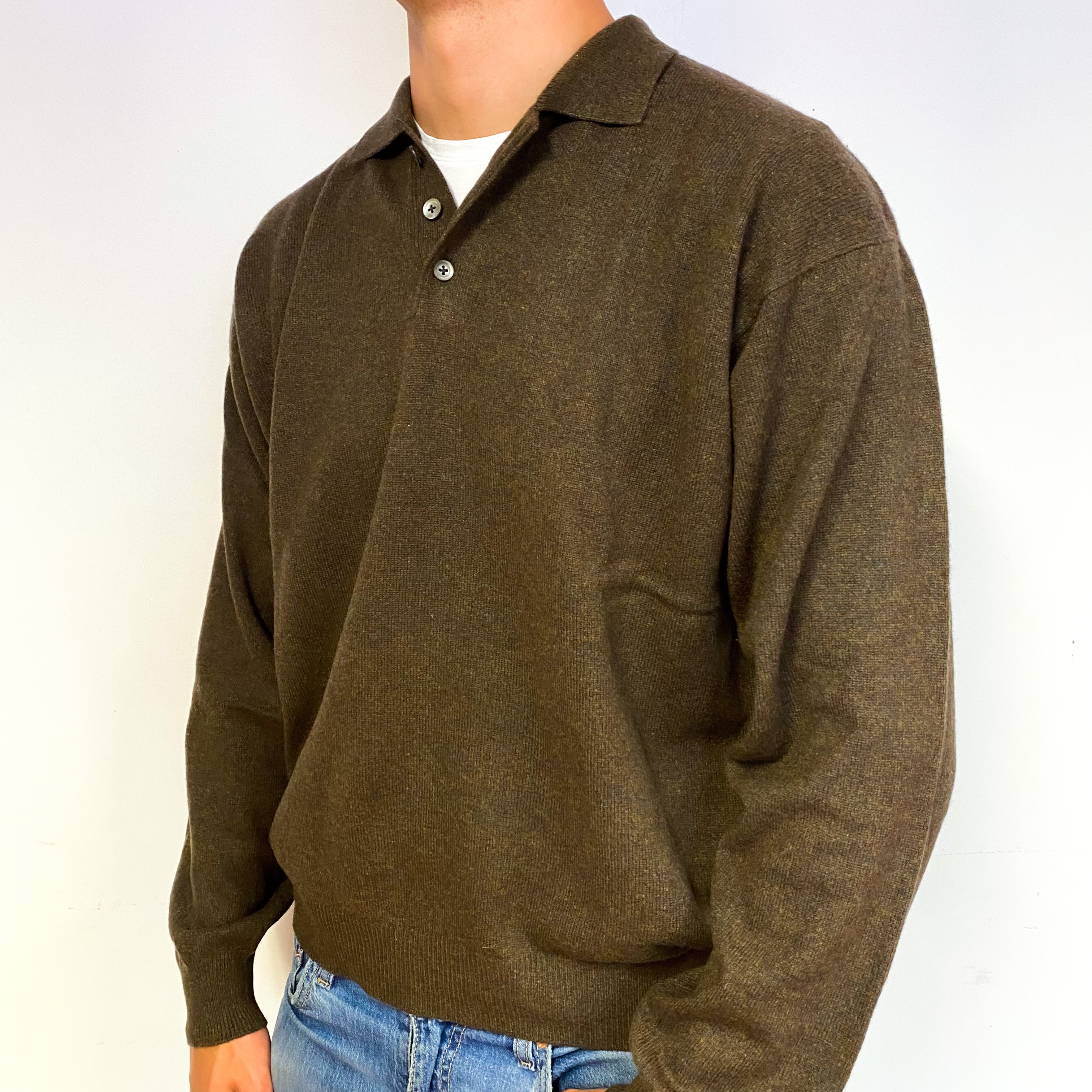 Men's Forest Green Marl Cashmere Quarter Button Jumper Extra Extra Large