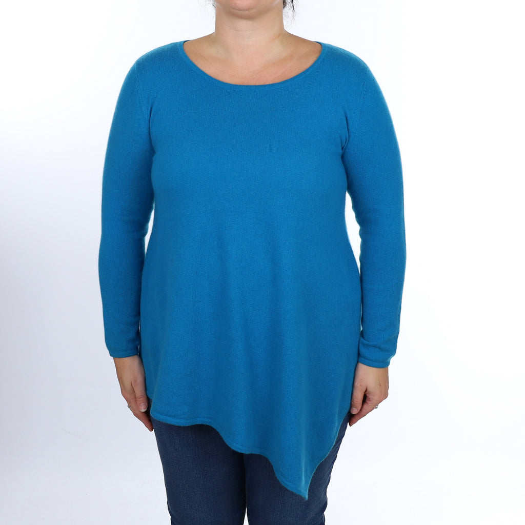Mediterranean Blue Cashmere Asymmetric Crew Neck Tunic Large