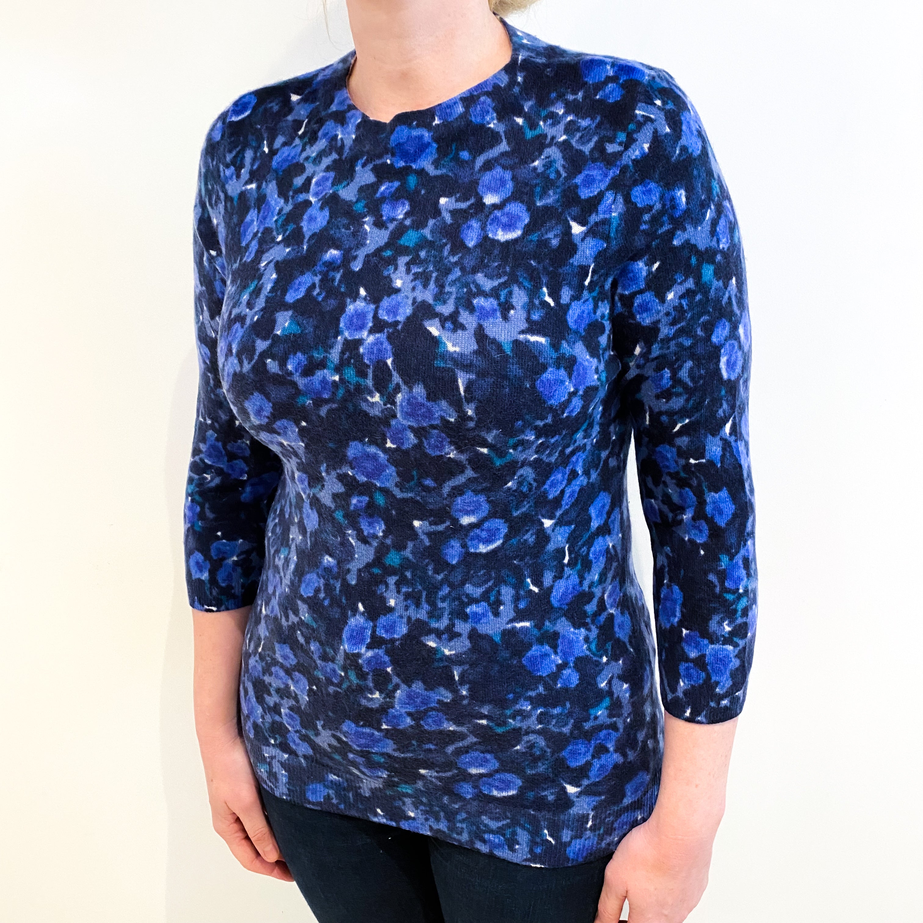 Blue Floral Cashmere Crew Neck Jumper Large