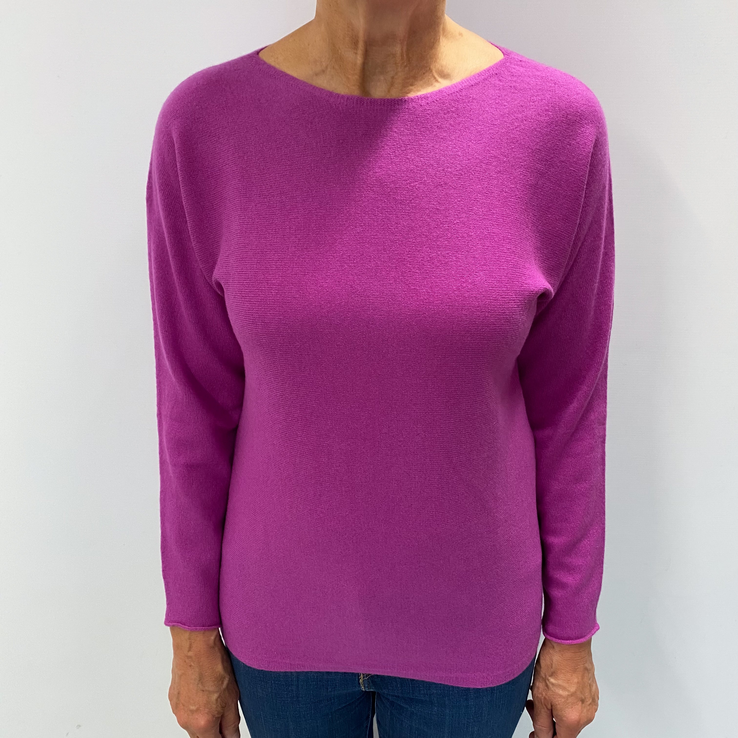 Magenta Pink Cashmere Batwing Slash Neck Jumper Medium