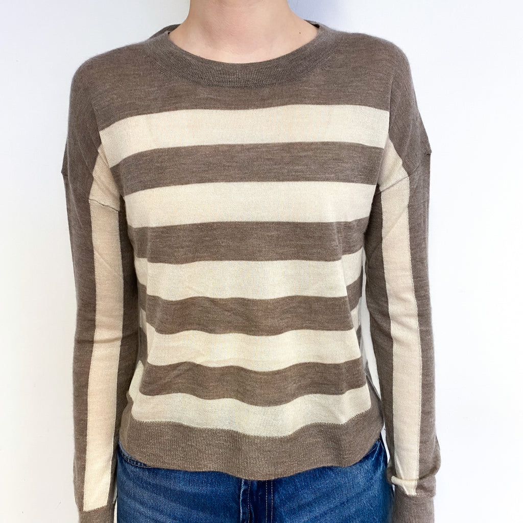Mocha Stripe Fine Knit Cashmere Crew Neck Jumper Extra Small