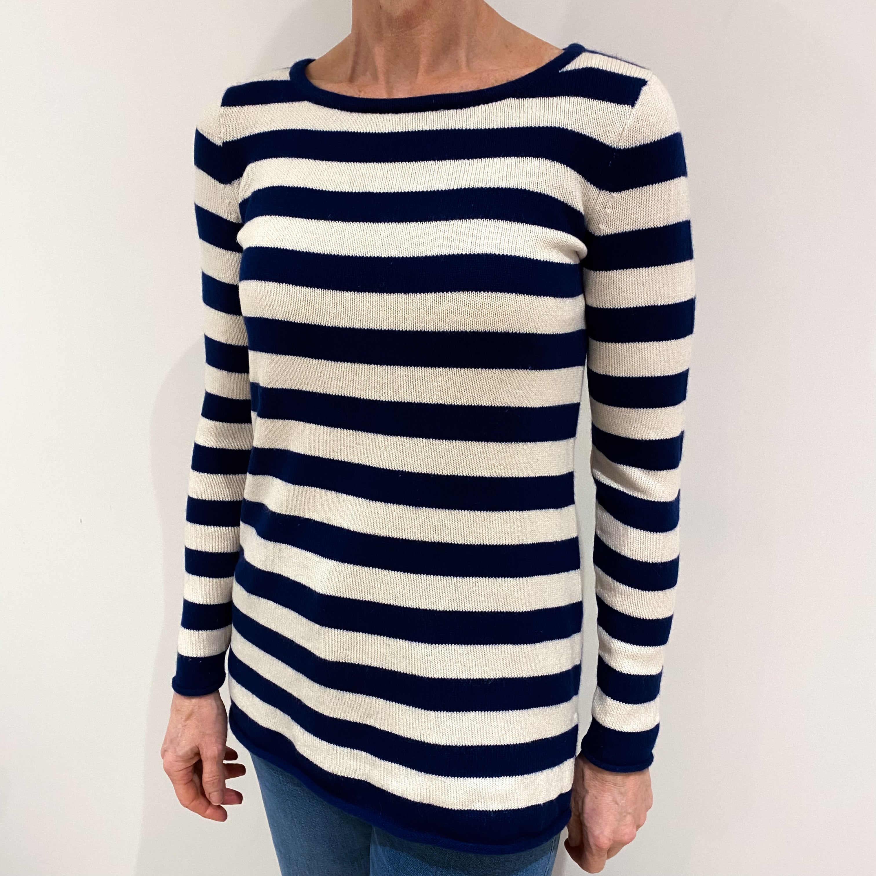 French Navy Winter White Striped Cashmere Slash Neck Jumper Small