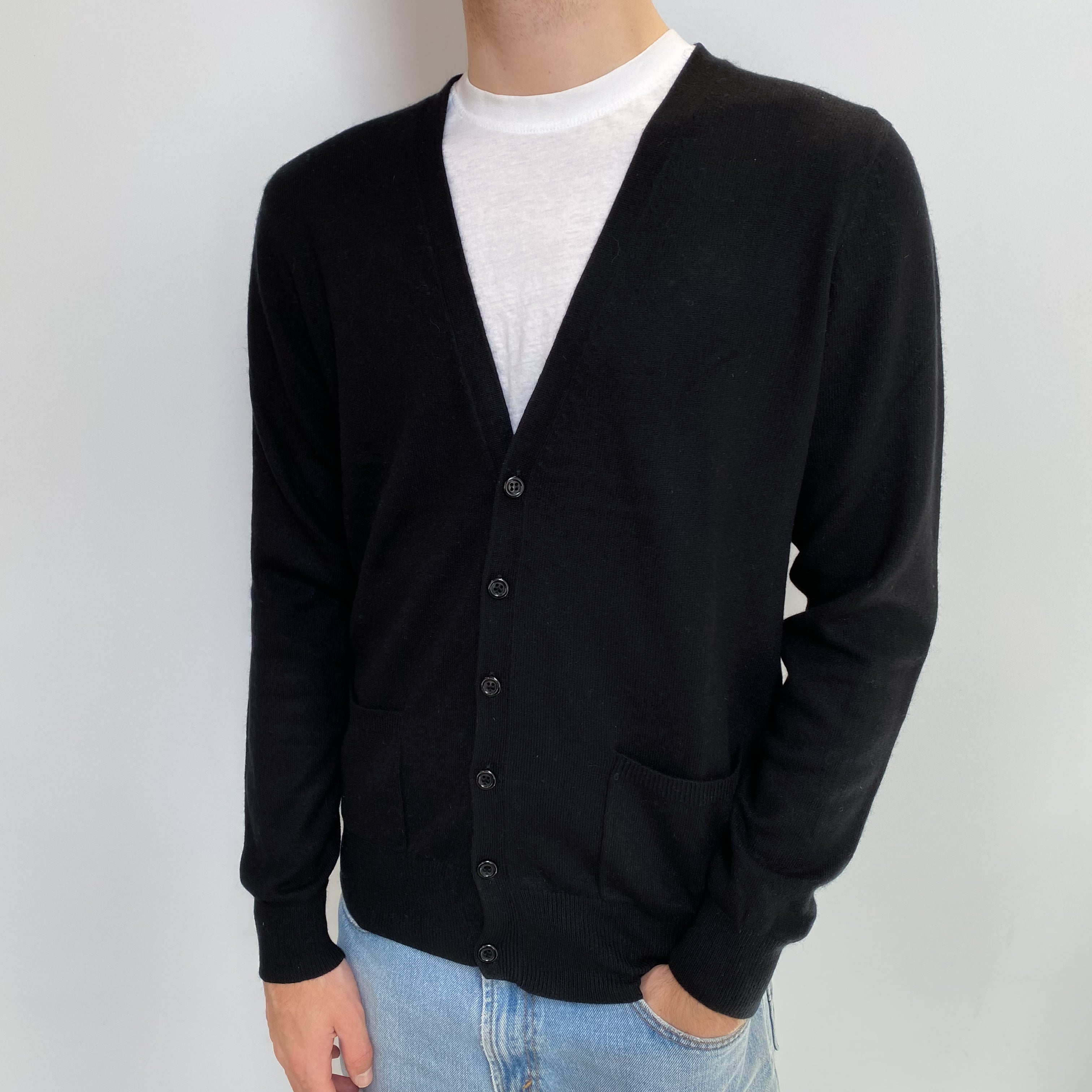 Men's Black Cashmere V Neck Cardigan Large