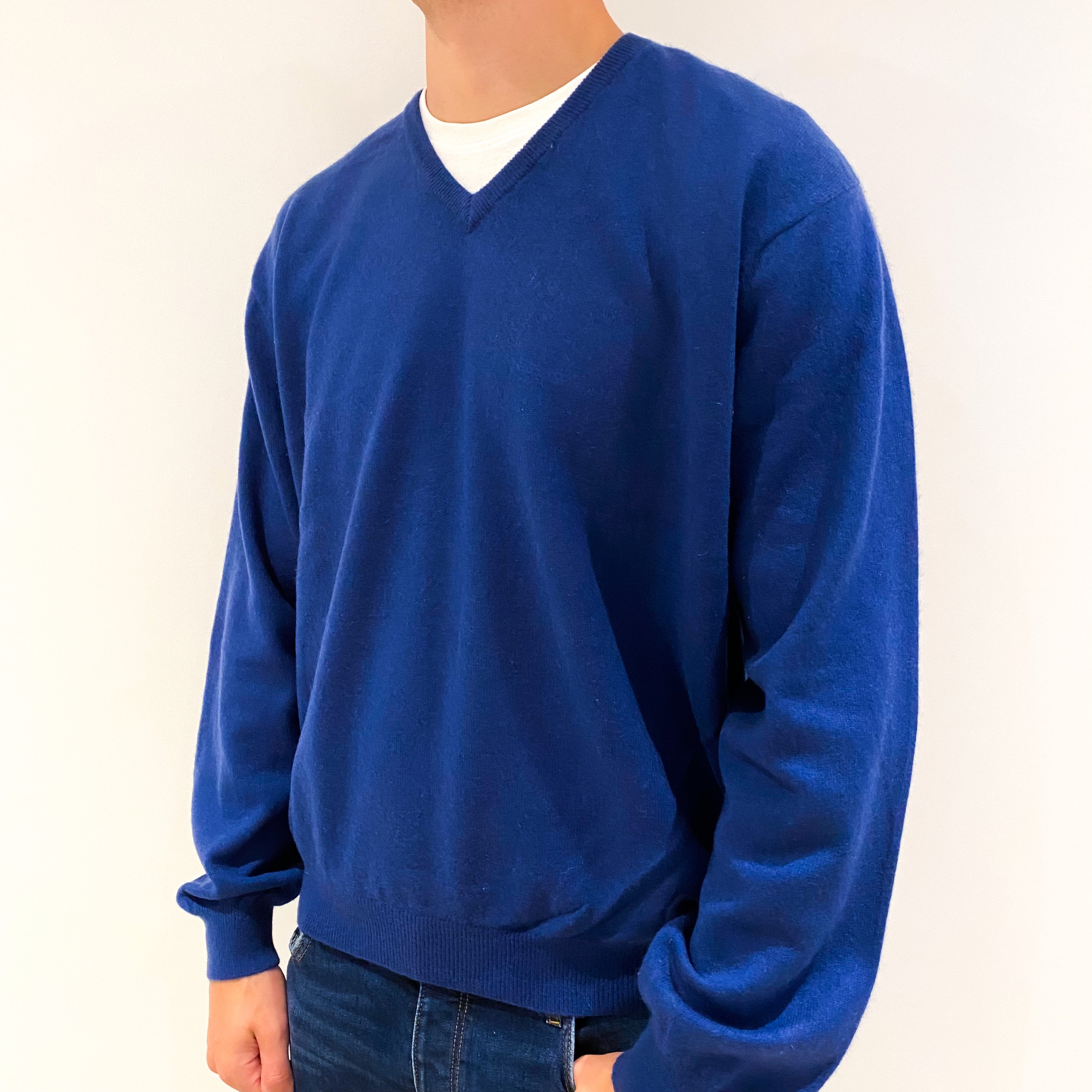 Men's Naval Blue Cashmere V-Neck Jumper Extra Extra Large