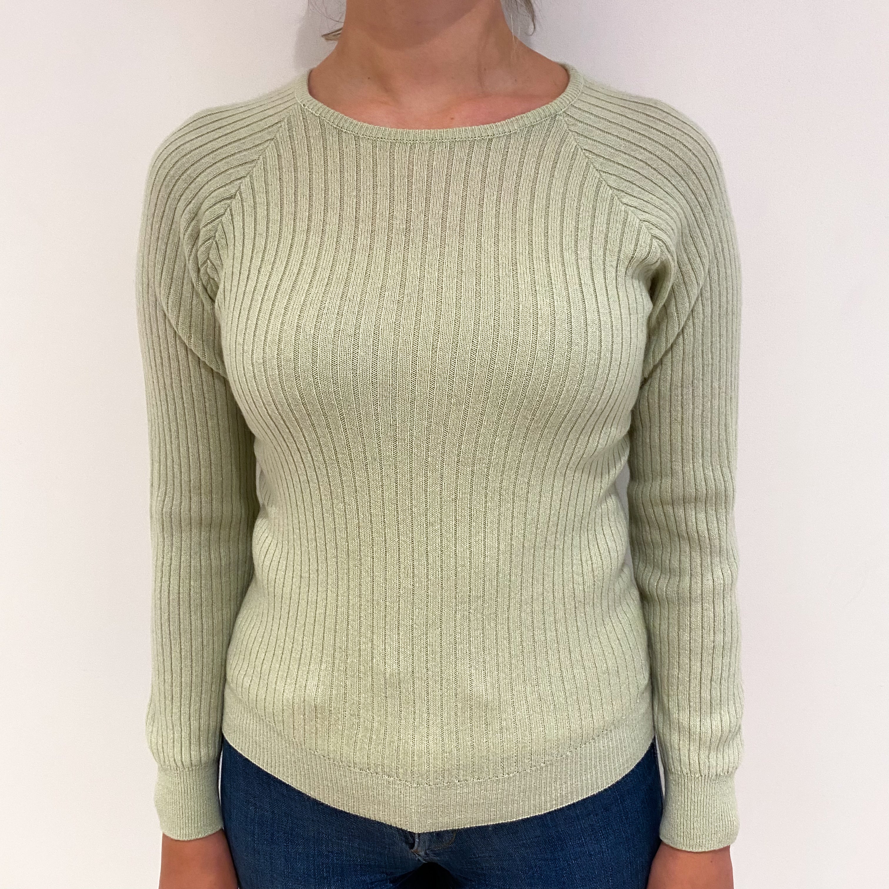Avocado Green Rib Cashmere Crew Neck Jumper Small