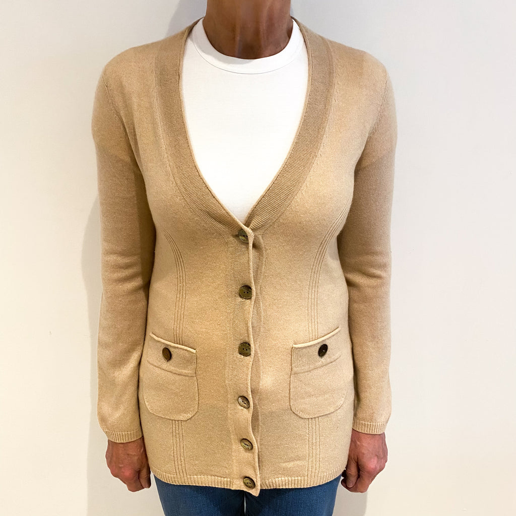 Hanae Mori Pale Biscuit Cashmere V Neck Cardigan Medium