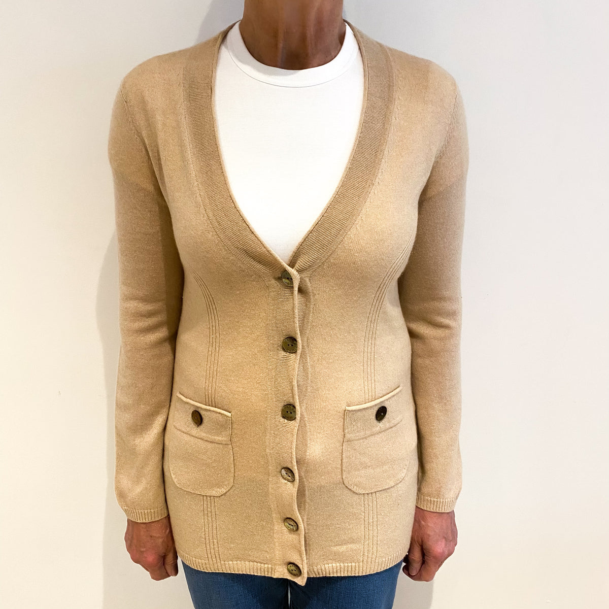 Hanae Mori Pale Biscuit Cashmere V Neck Cardigan Medium