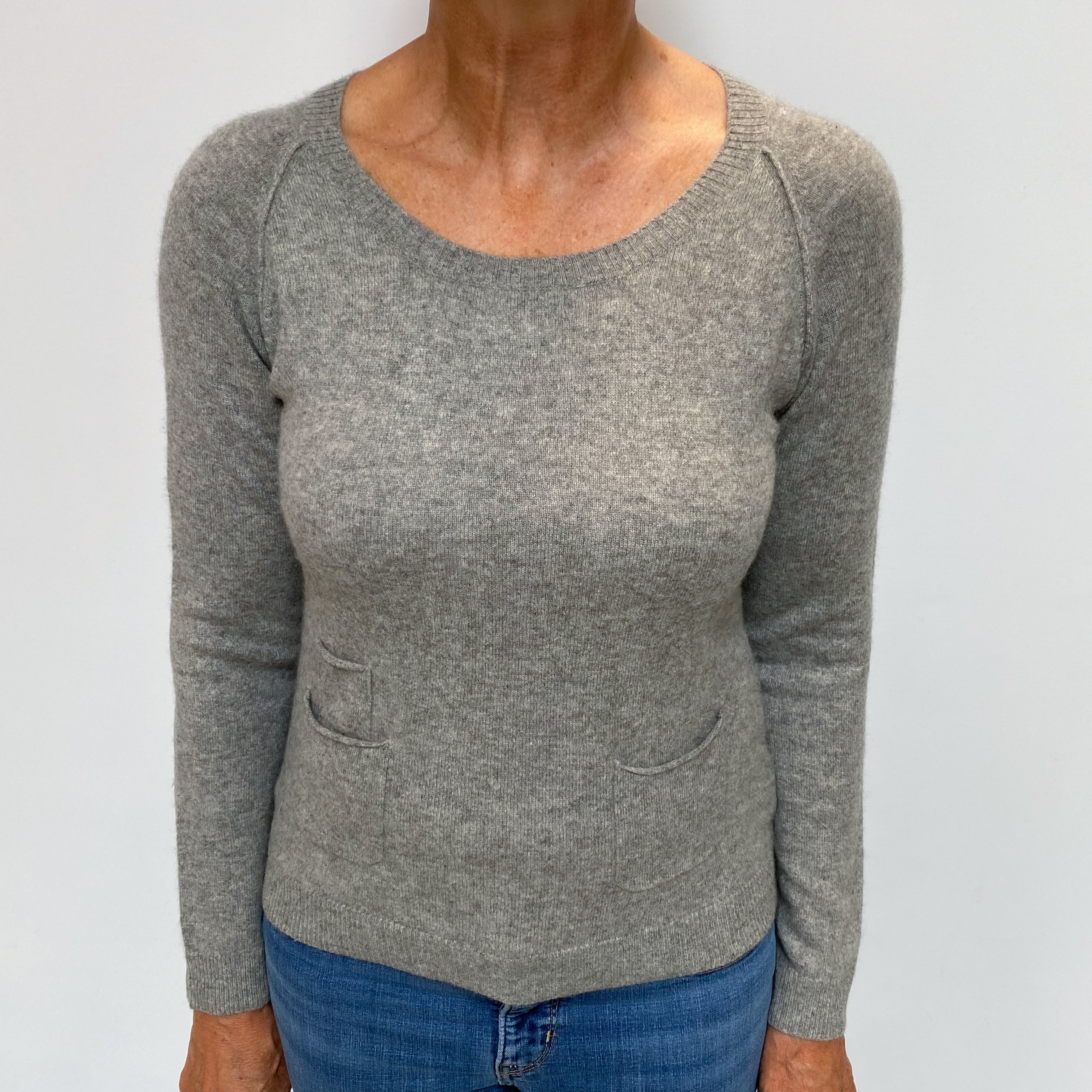 Ash Grey Cashmere Scoop Neck Jumper with Pockets Medium