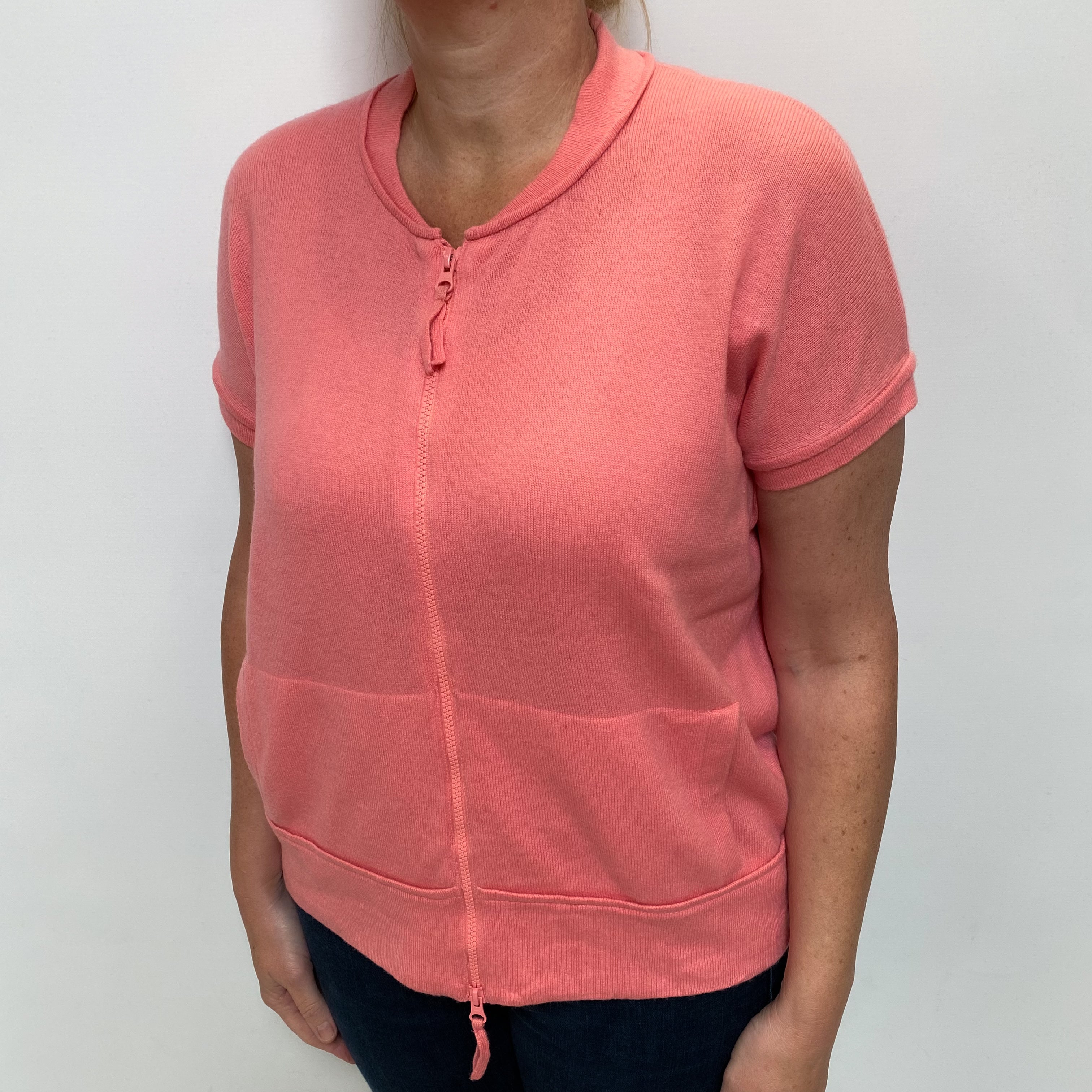 Coral Pink Cashmere Zip Up Capped Sleeve Cardigan Large