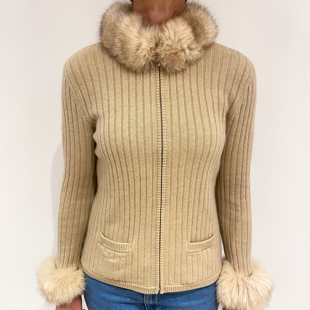 Sand Beige Fur Trim Cashmere Zip Up Cardigan with Pockets Small