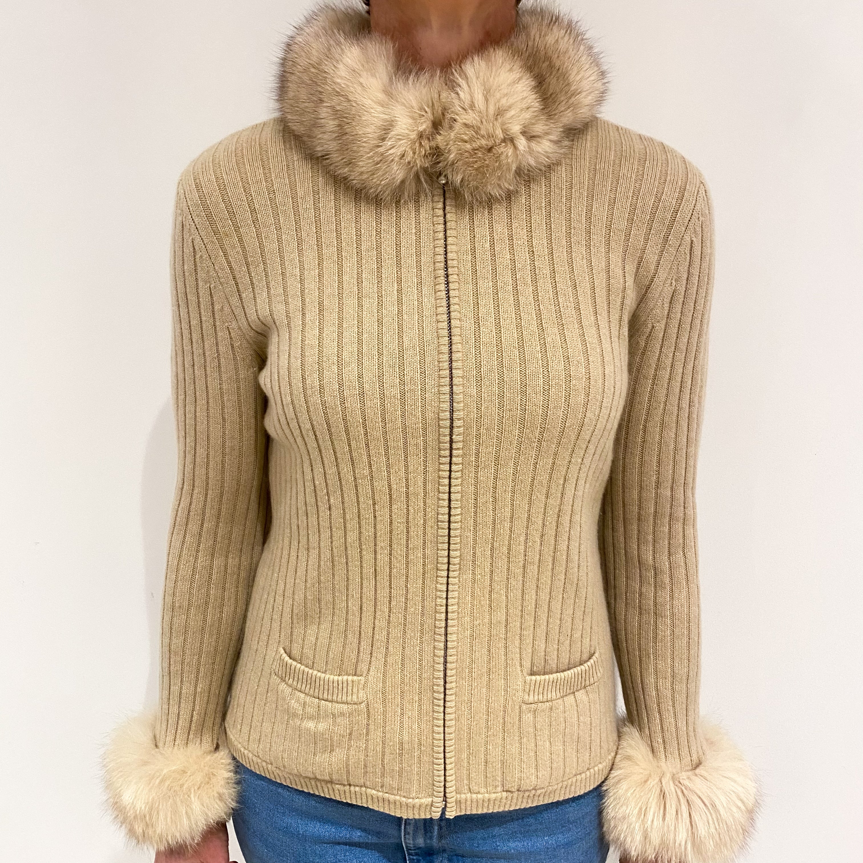 Sand Beige Fur Trim Cashmere Zip Up Cardigan with Pockets Small