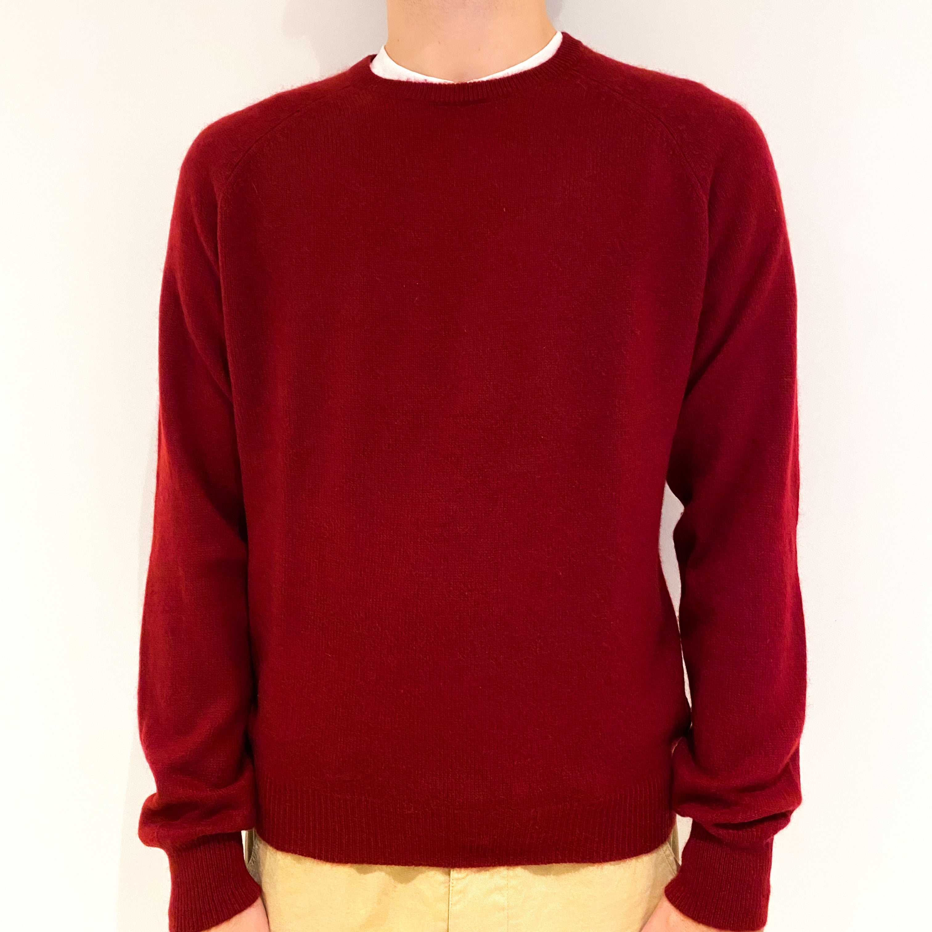 Men's Crimson Red Cashmere Crew Neck Jumper Large