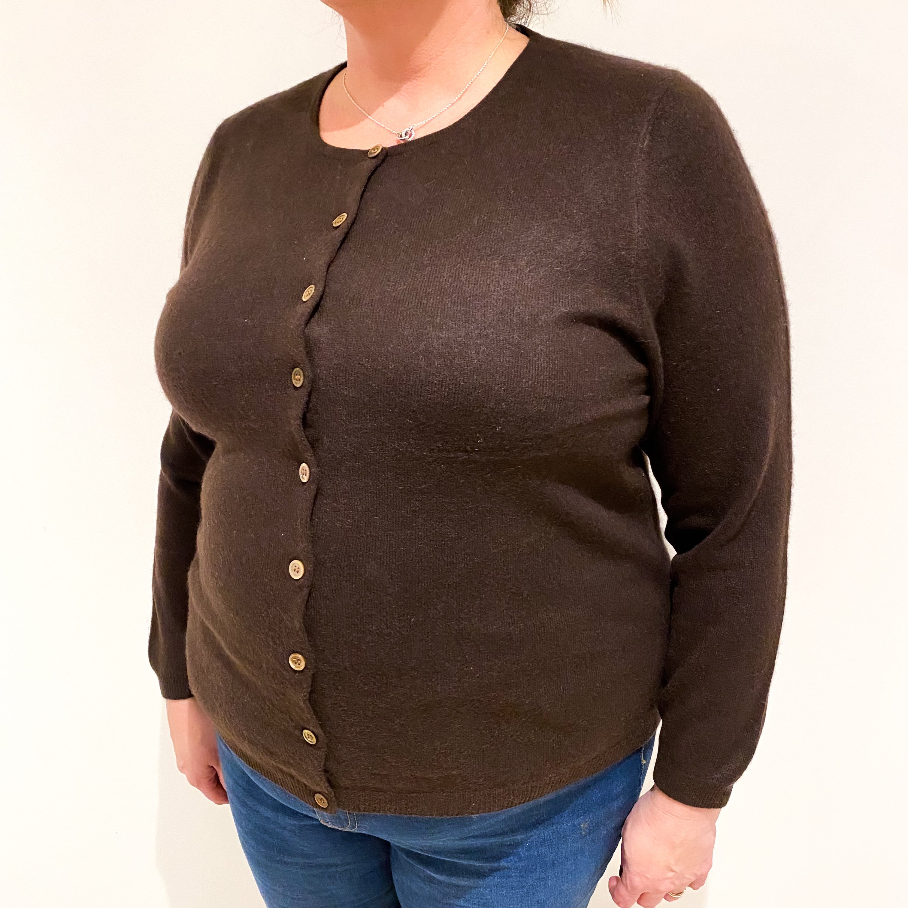Chocolate Brown Cashmere Crew Neck Cardigan Extra Large