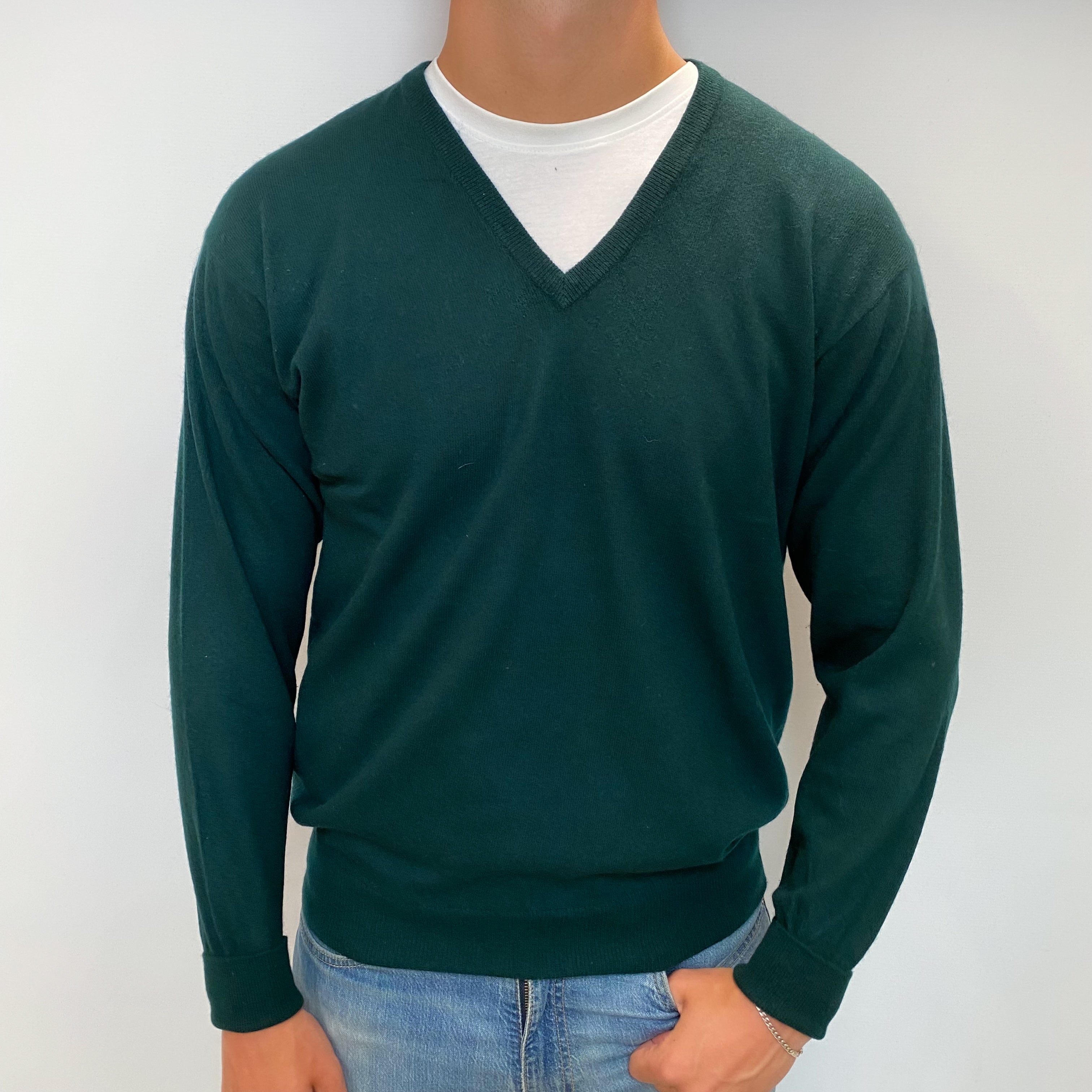 Men's Vintage Scottish Bottle Green Cashmere V Neck Jumper XL