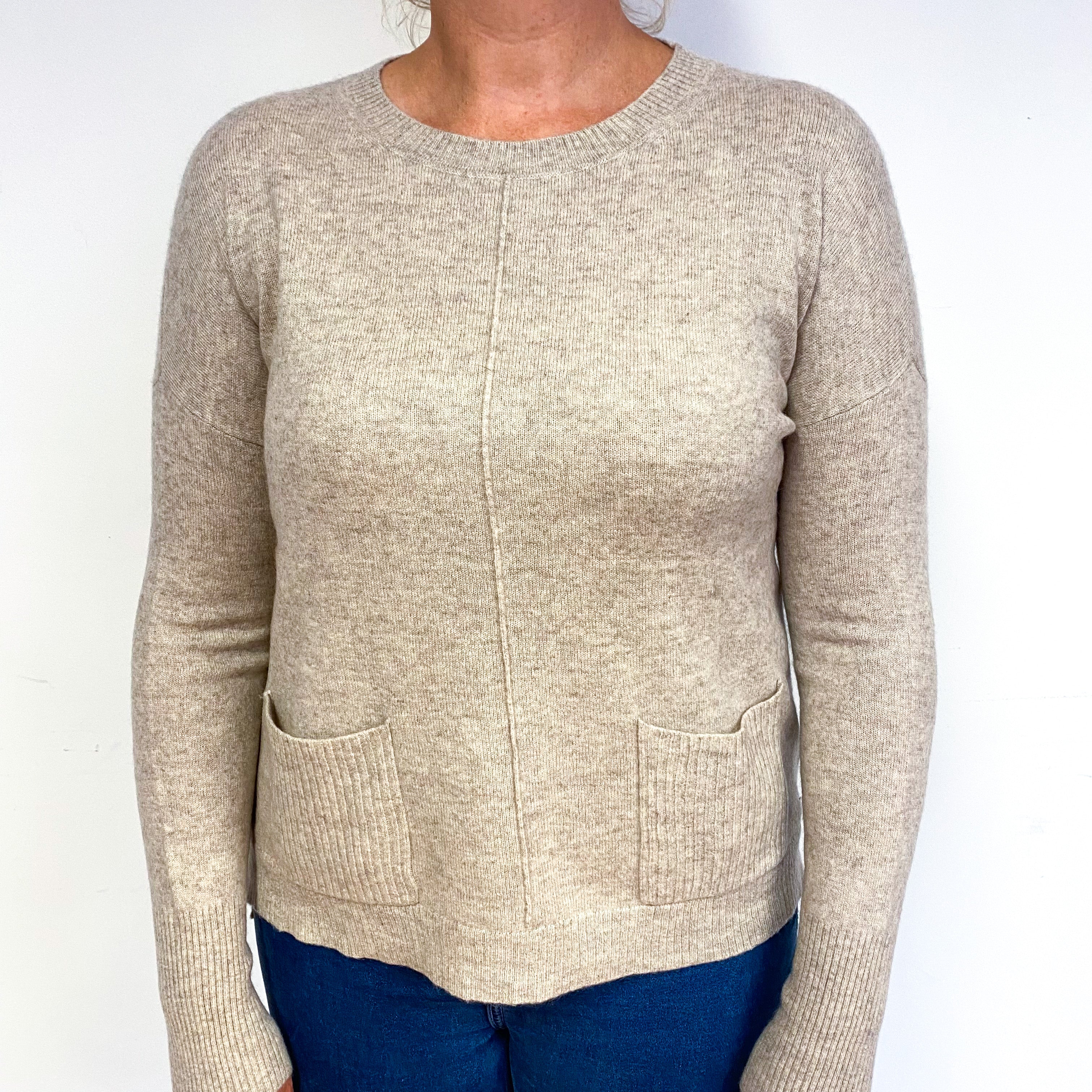 Biscuit Brown Cashmere Crew Neck Jumper with Pockets Large