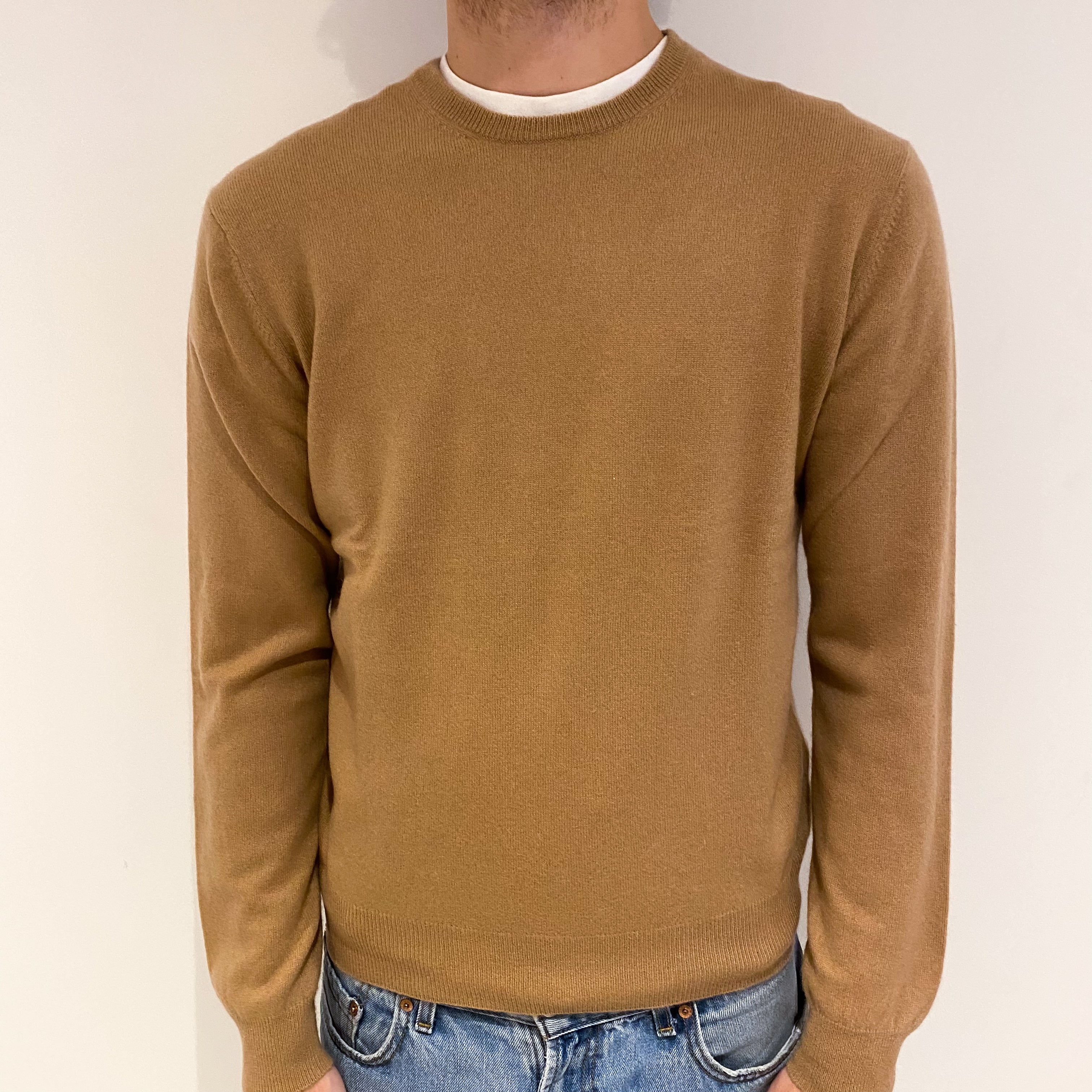 Men's Camel Brown Cashmere Crew Neck Jumper Large