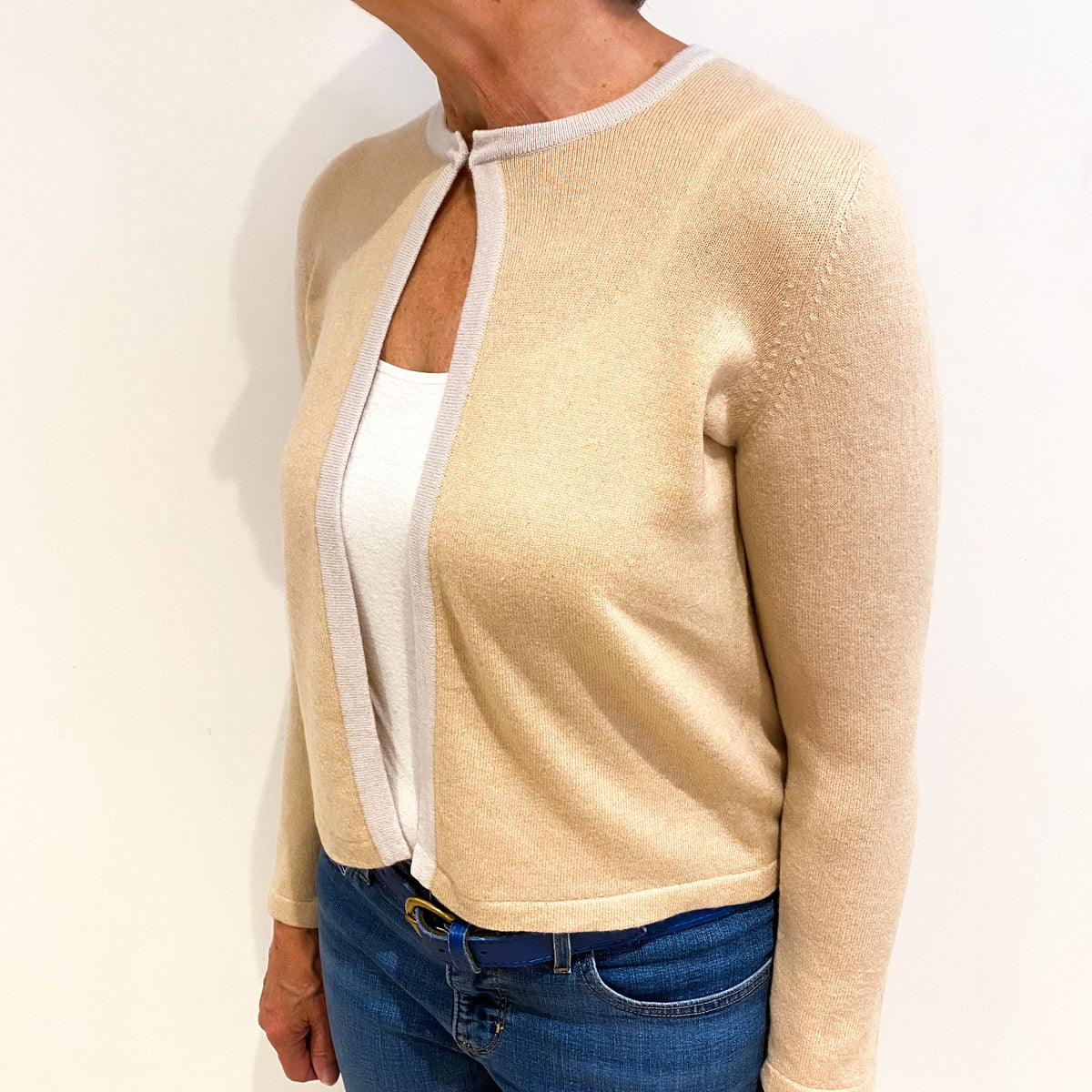 Buff Beige Cashmere Crew Neck Cardigan Medium