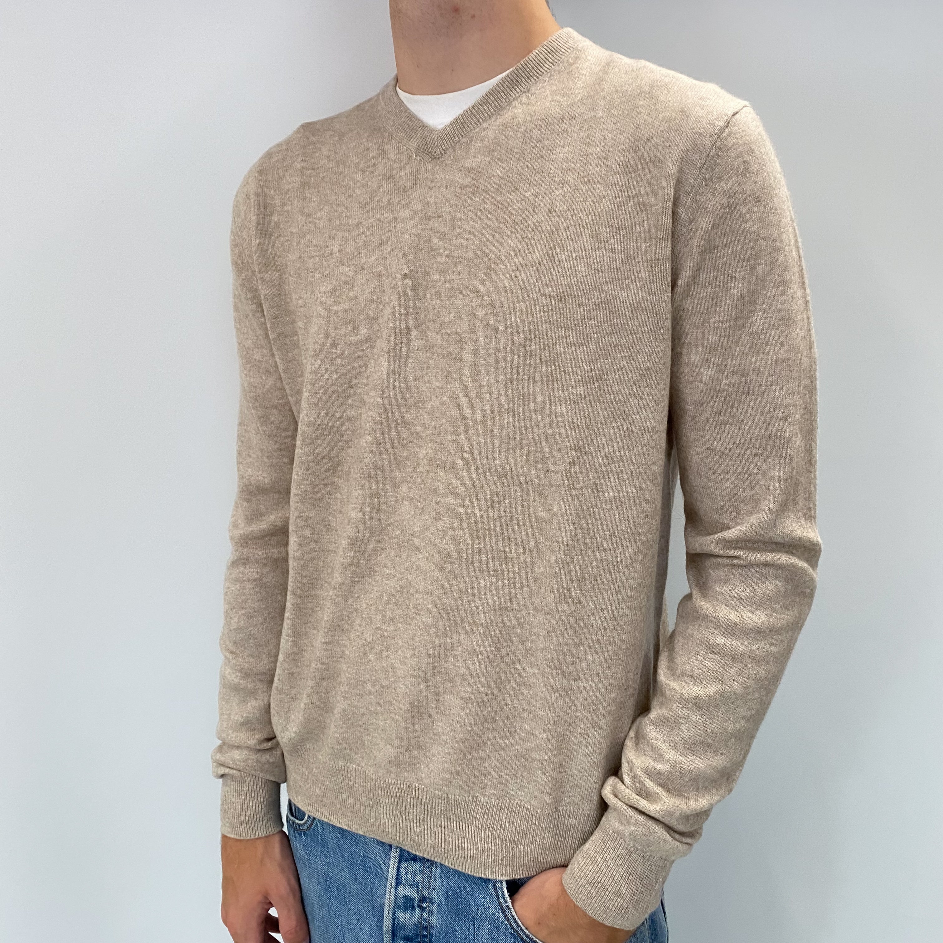Men's Oatmeal Beige Cashmere V Neck Jumper Large