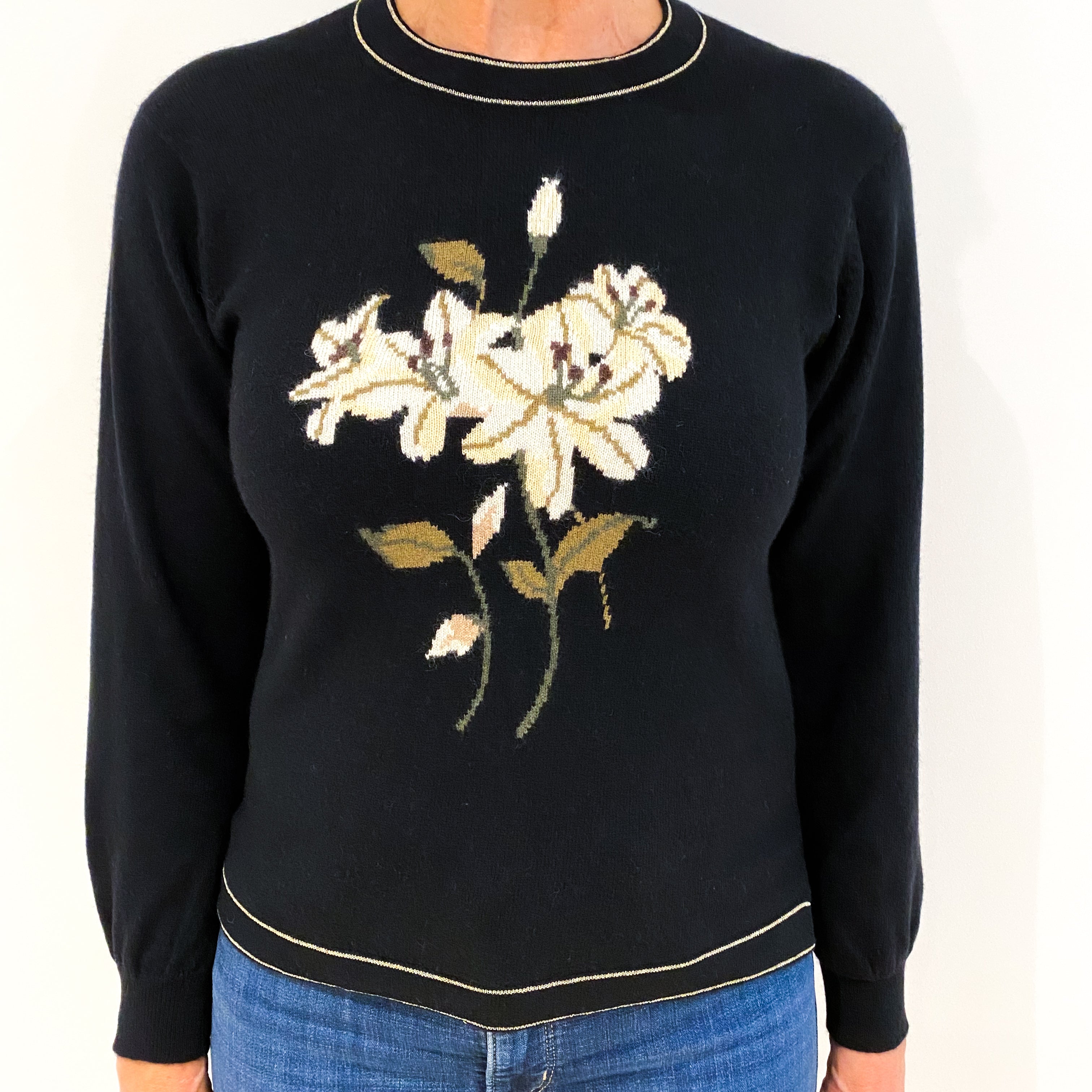 Black Cream Floral Cashmere Crew Neck Jumper Medium