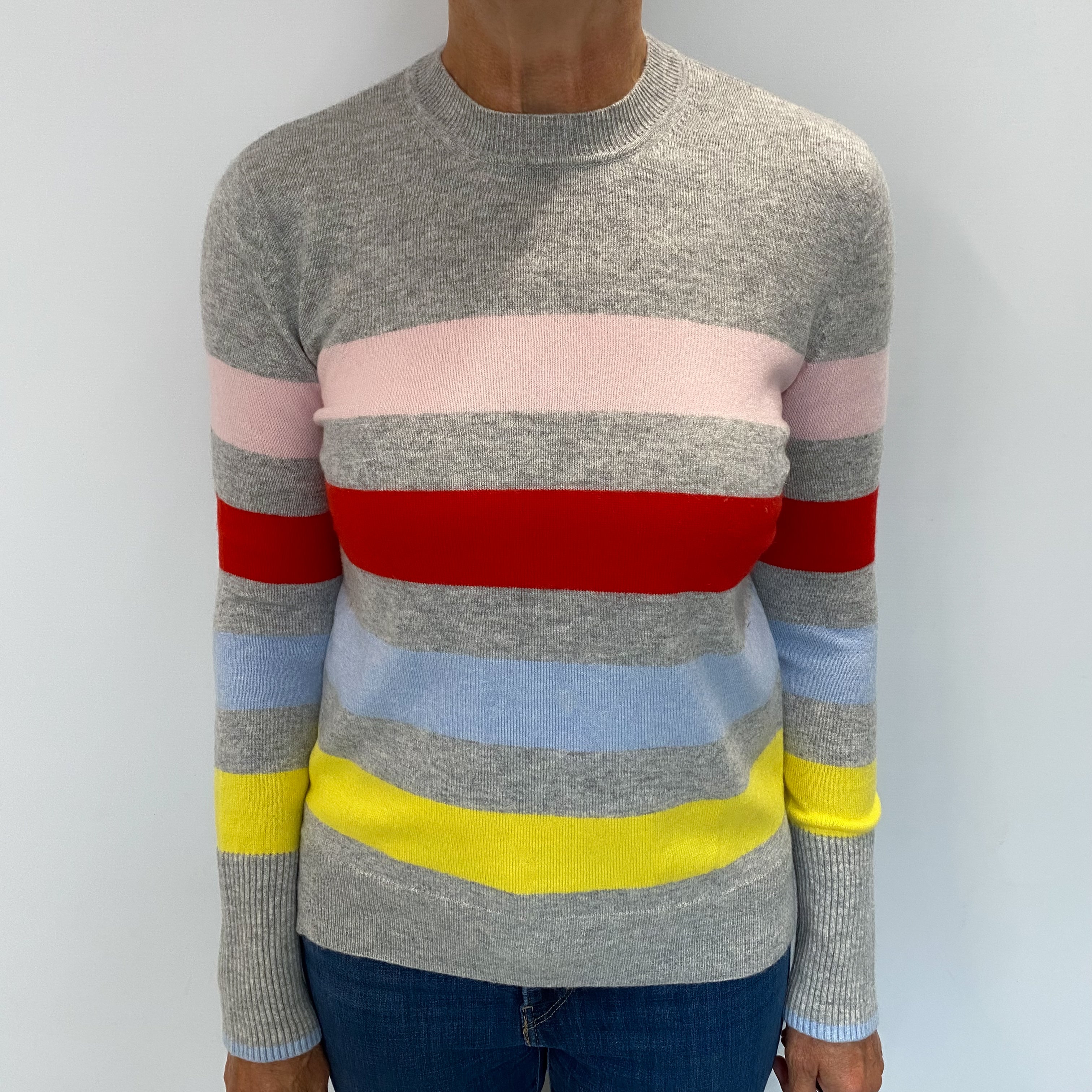 Smoke Grey Multicoloured Stripe Cashmere Crew Neck Jumper Medium