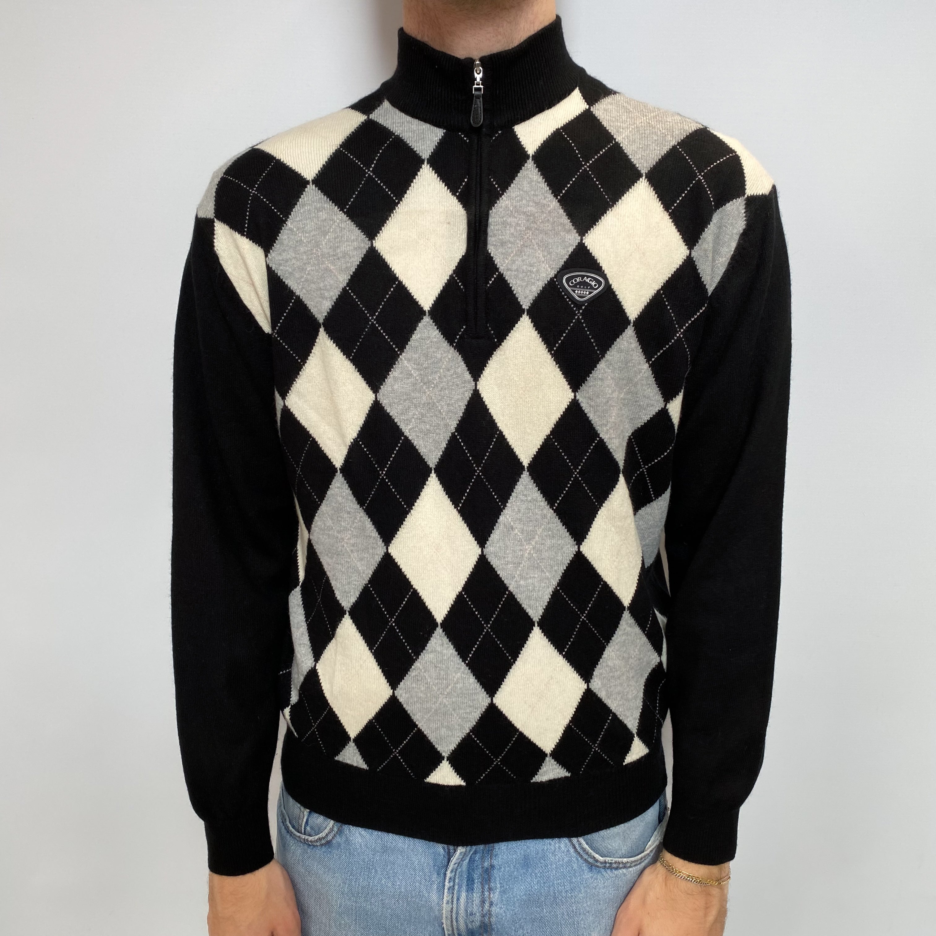 Men's Black Grey and White Argyle Front  Cashmere 1/4 Zip Jumper Large