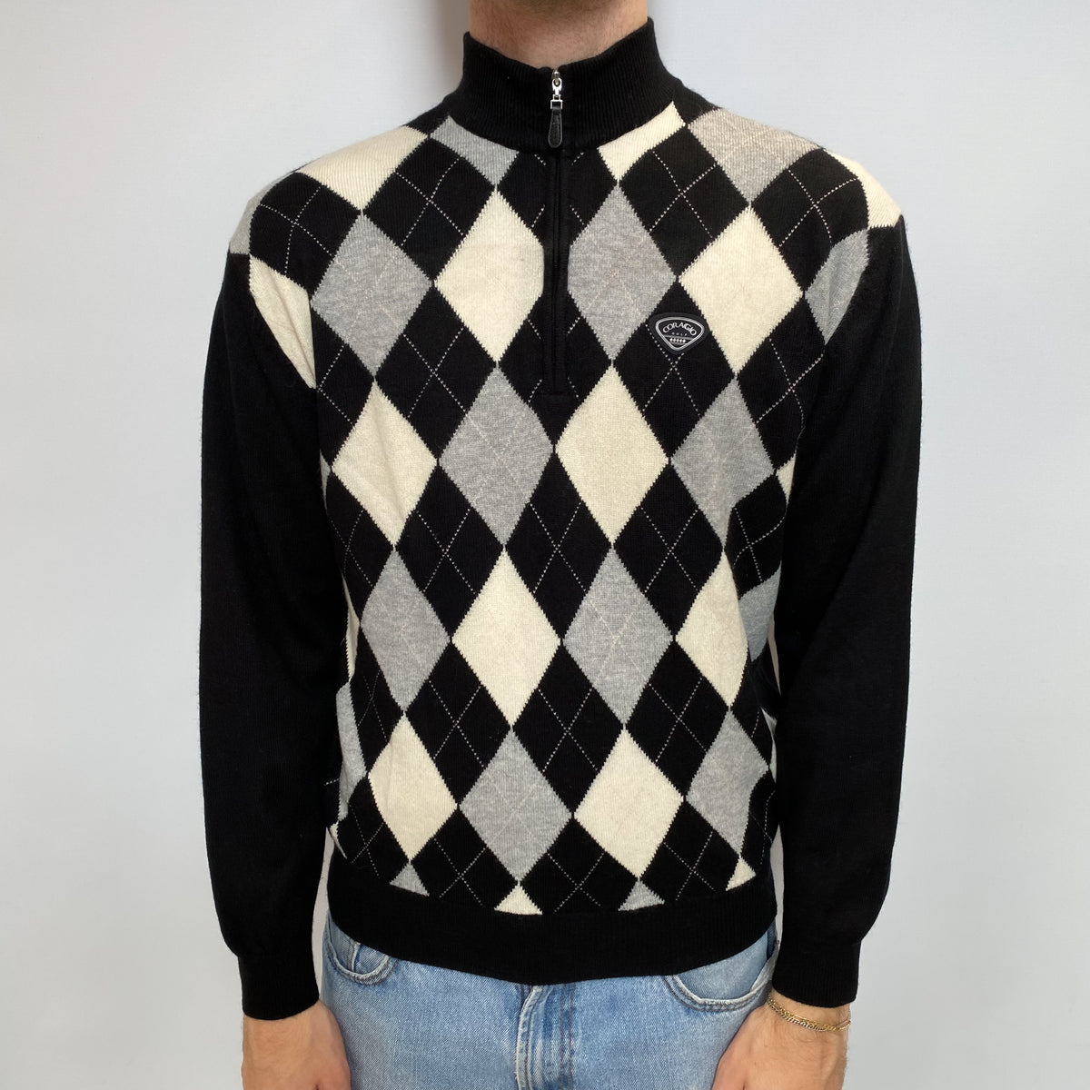 Men's Black Grey and White Argyle Front  Cashmere 1/4 Zip Jumper Large