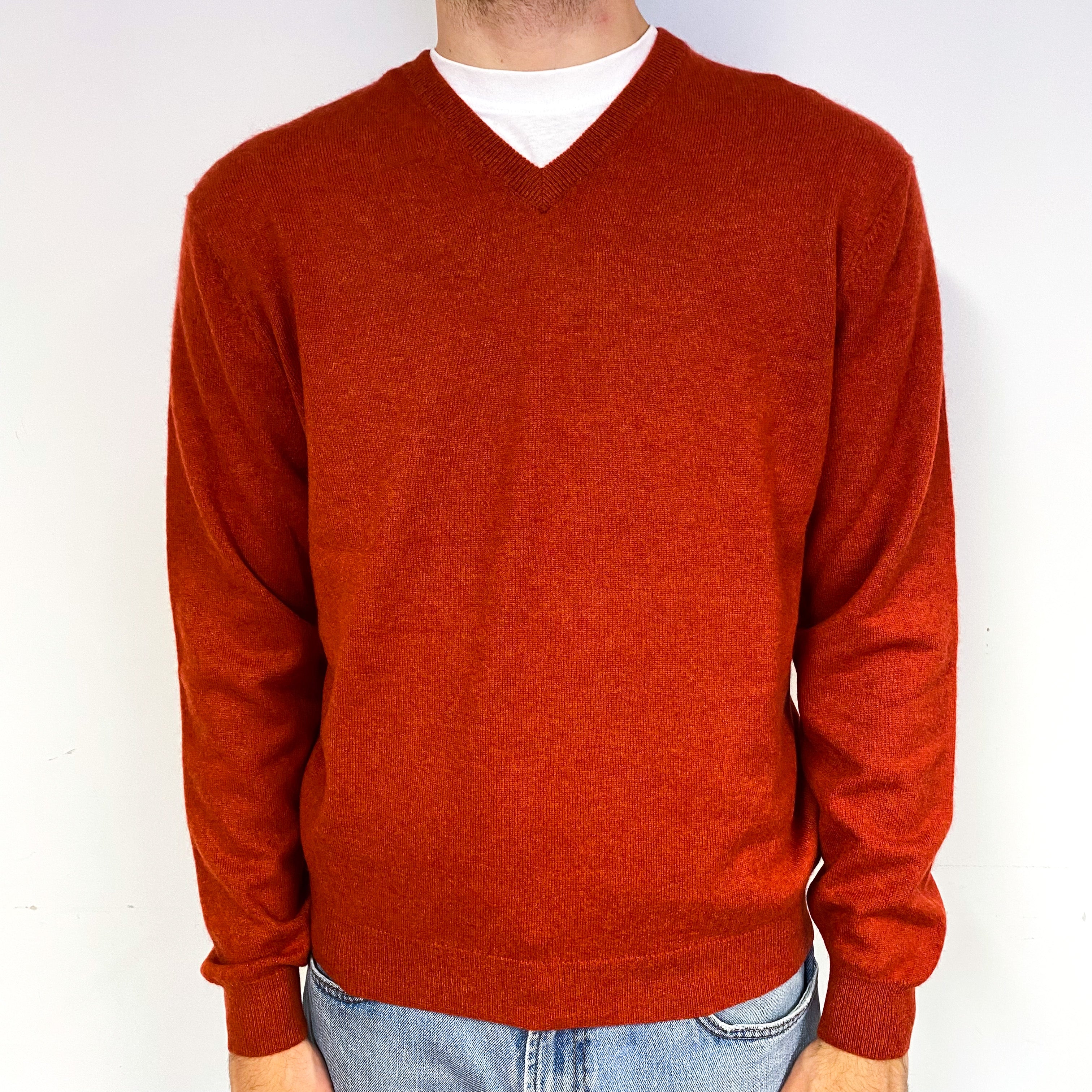 Men's Paprika Orange Cashmere V-Neck Jumper Medium