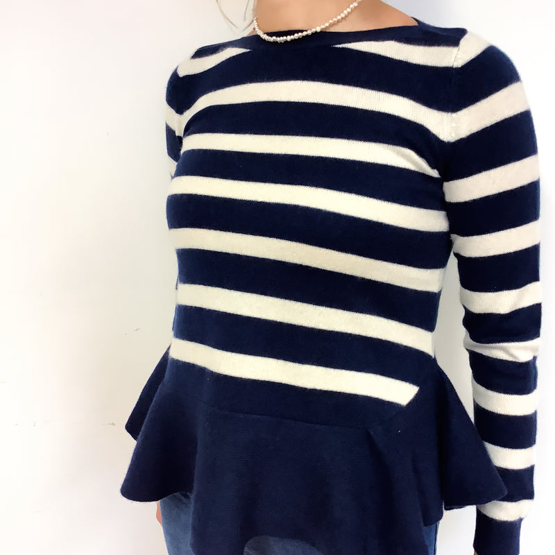 Navy Cream Stripe Peplum Cashmere Crew Neck Jumper Small