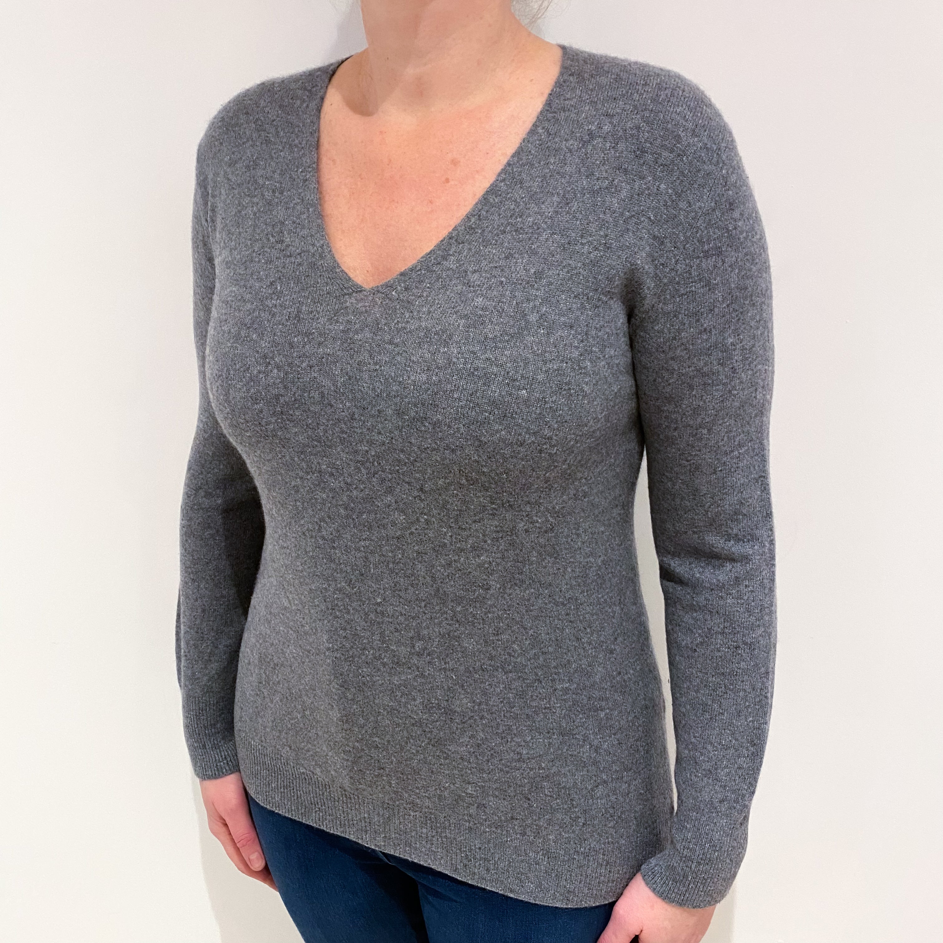 Slate Grey Cashmere V Neck Jumper Large