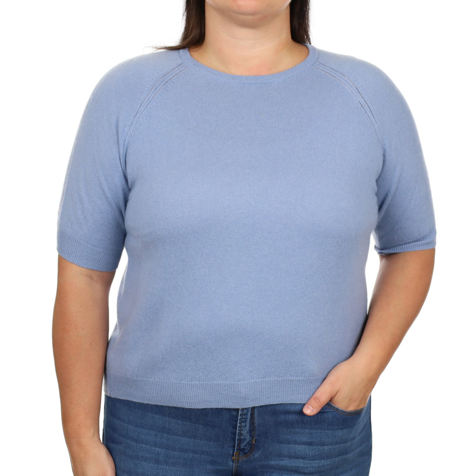 Denim Blue Cashmere Crew Neck Short Sleeved Jumper Large