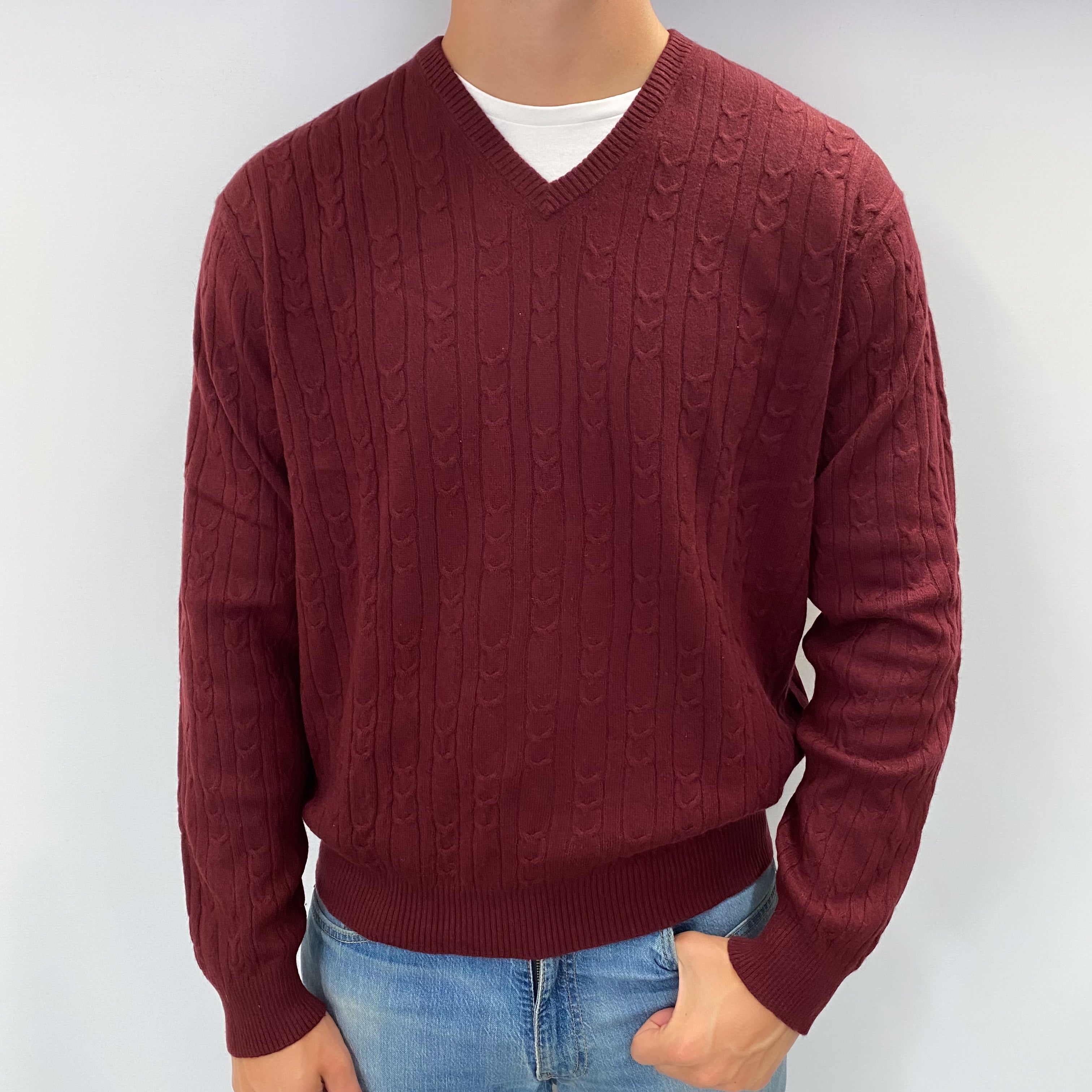 Men's Wine Red Cashmere V Neck Cable Knit Jumper XL
