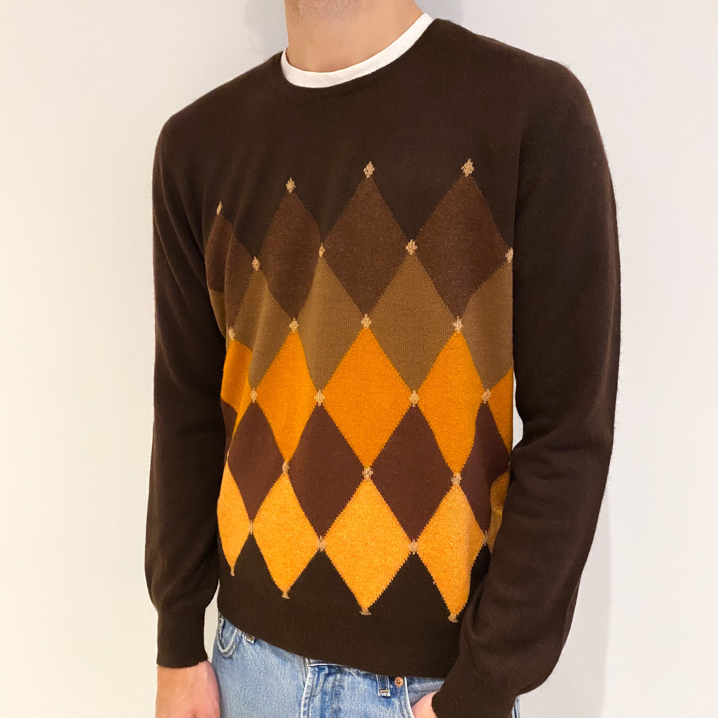 Men's Brown and Orange Diamond Patterned Cashmere Crew Neck Jumper Large
