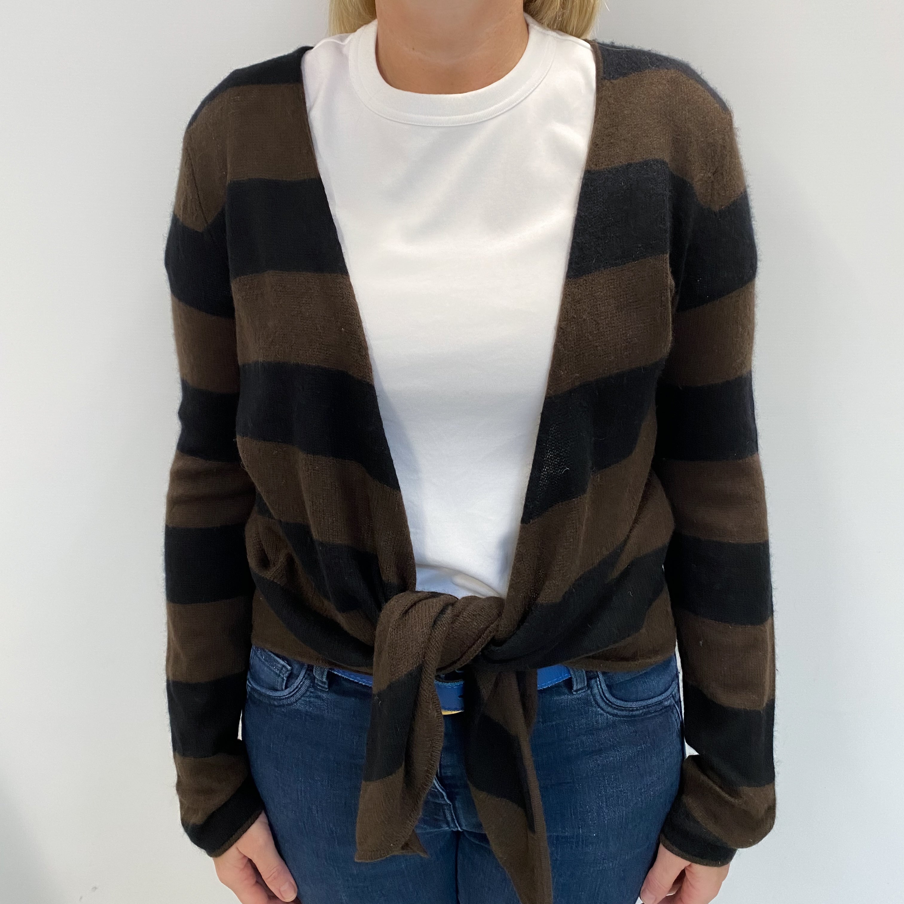 Black And Brown Striped Cashmere Tie Front Cardigan Large