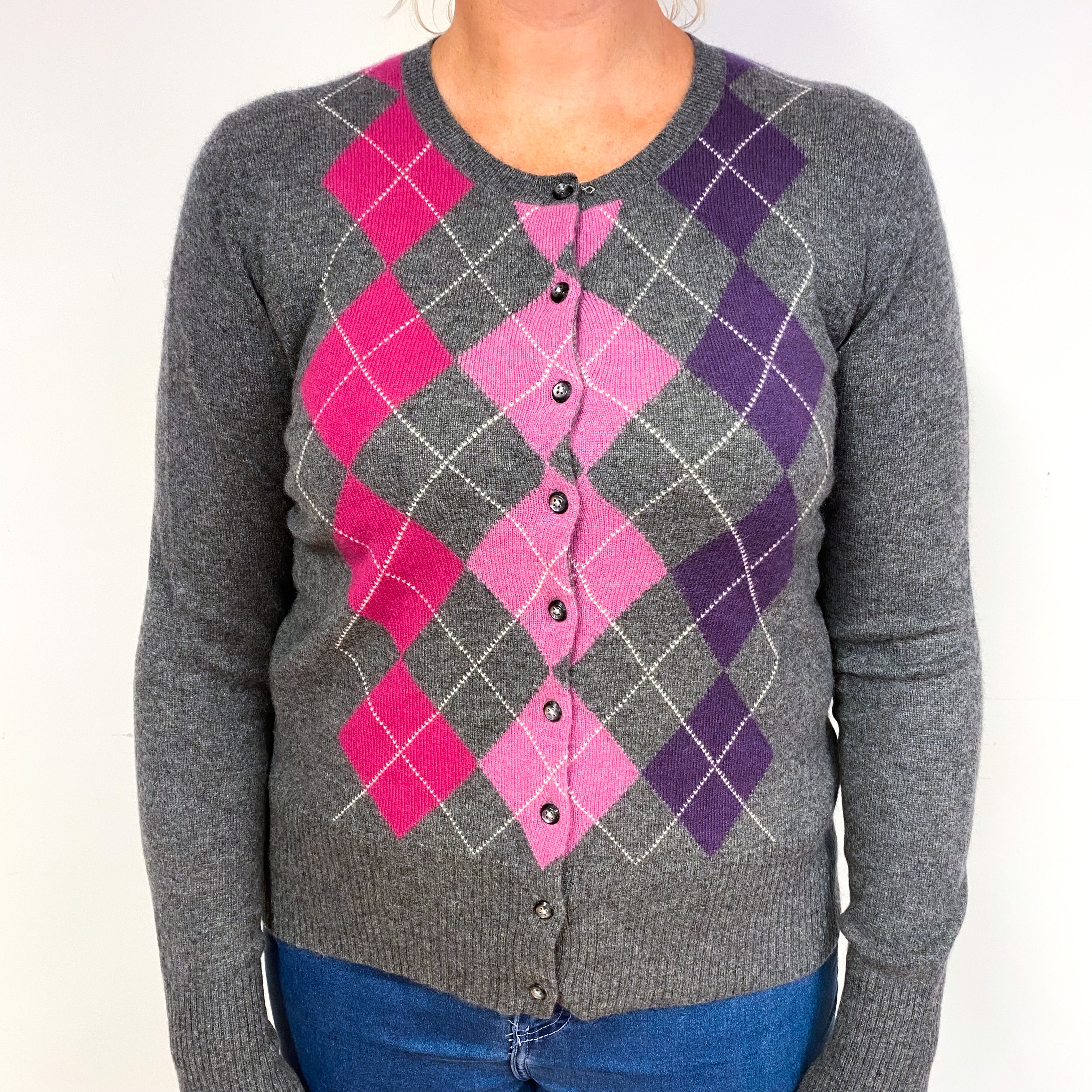Grey Pink Argyle Cashmere Crew Neck Cardigan Large