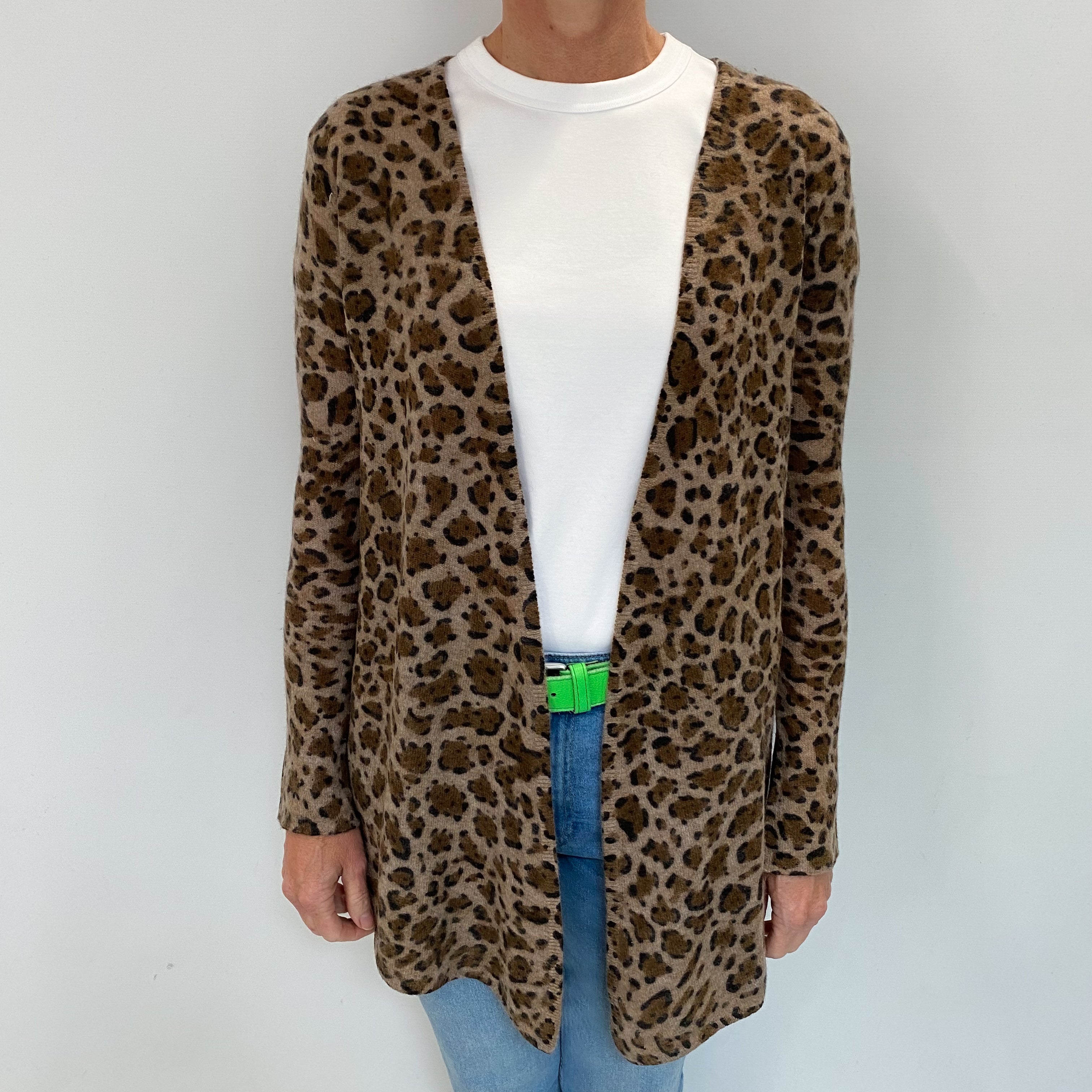 Brown Animal Print Cashmere Edge To Edge Cardigan Small