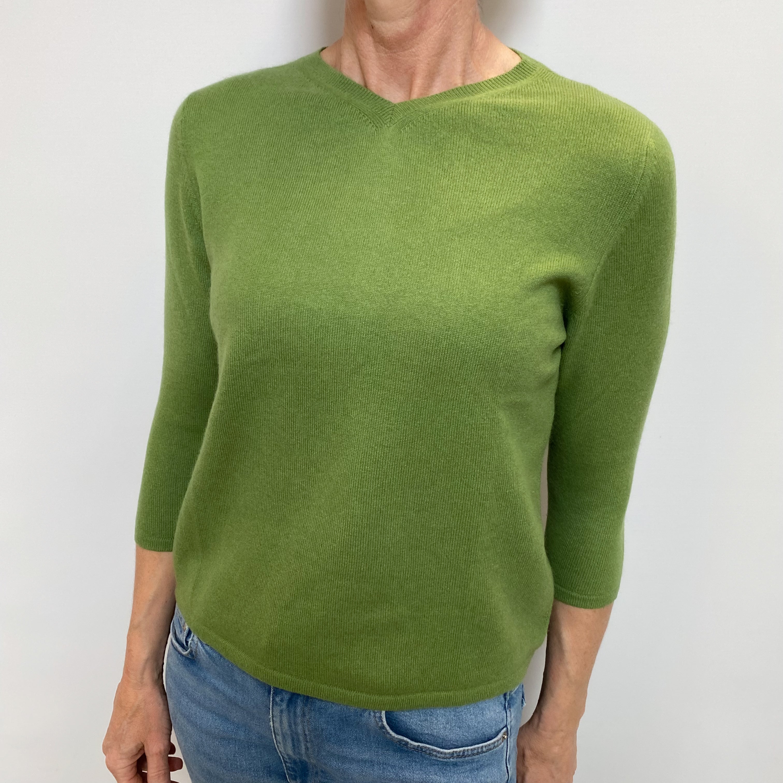 Pear Green Cashmere High V Neck Jumper Small