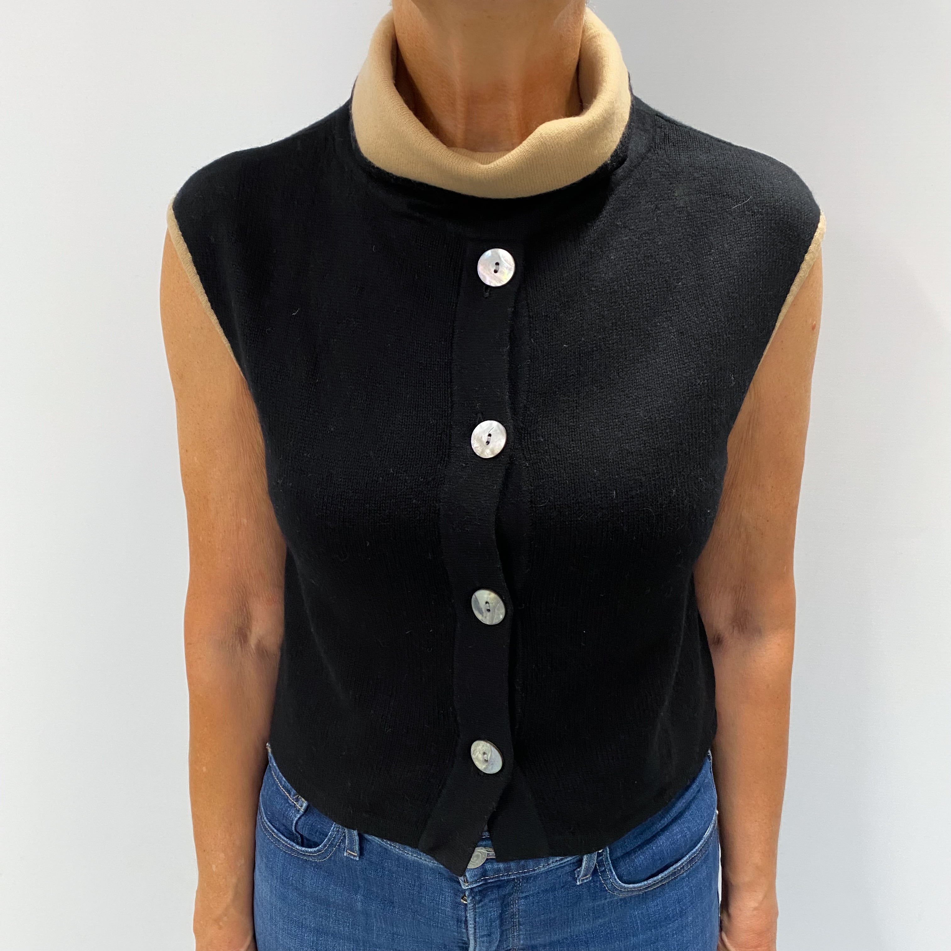 Black and Caramel Cashmere Sleeveless Polo Neck Jumper Medium