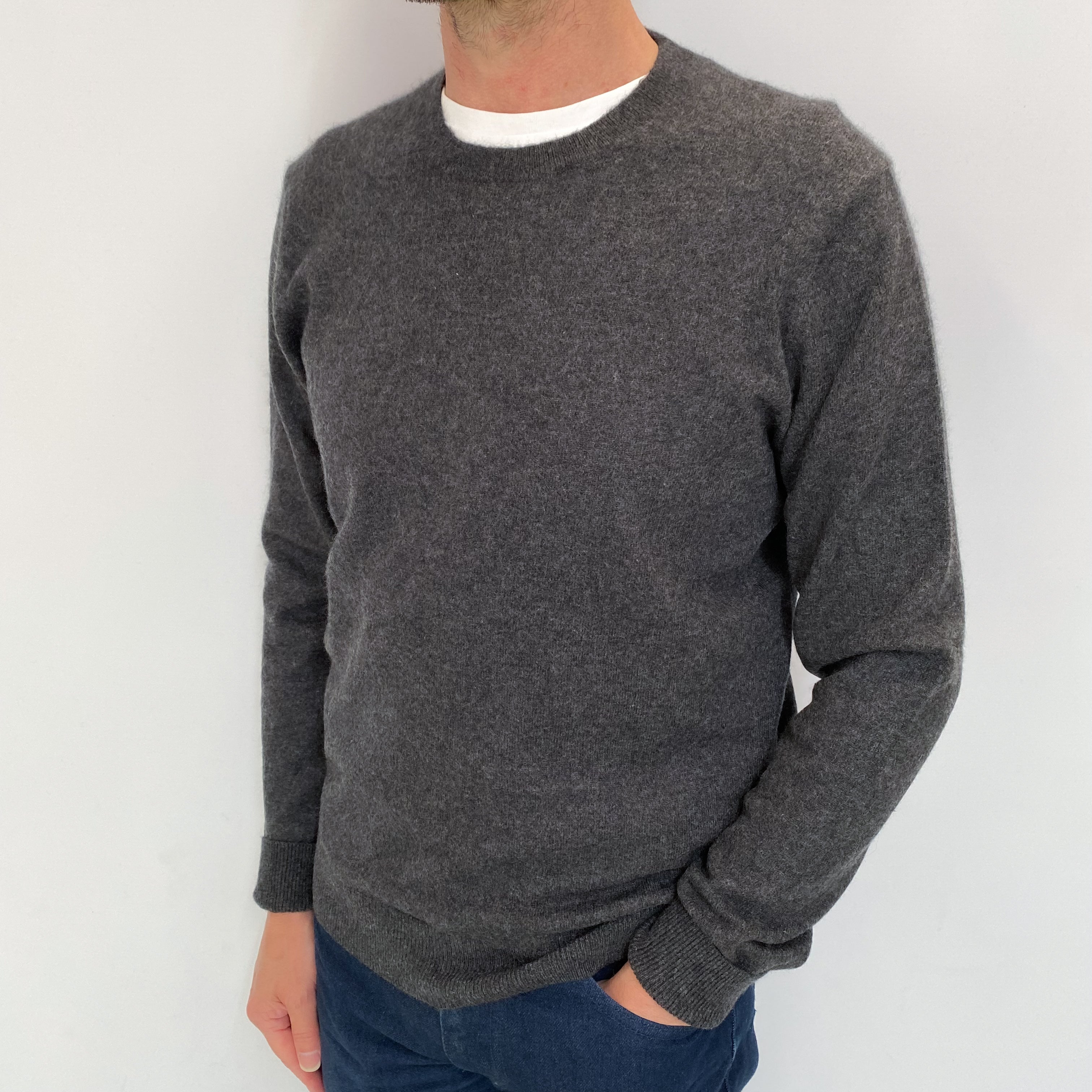 Men's Charcoal Grey Cashmere Crew Neck Jumper Small