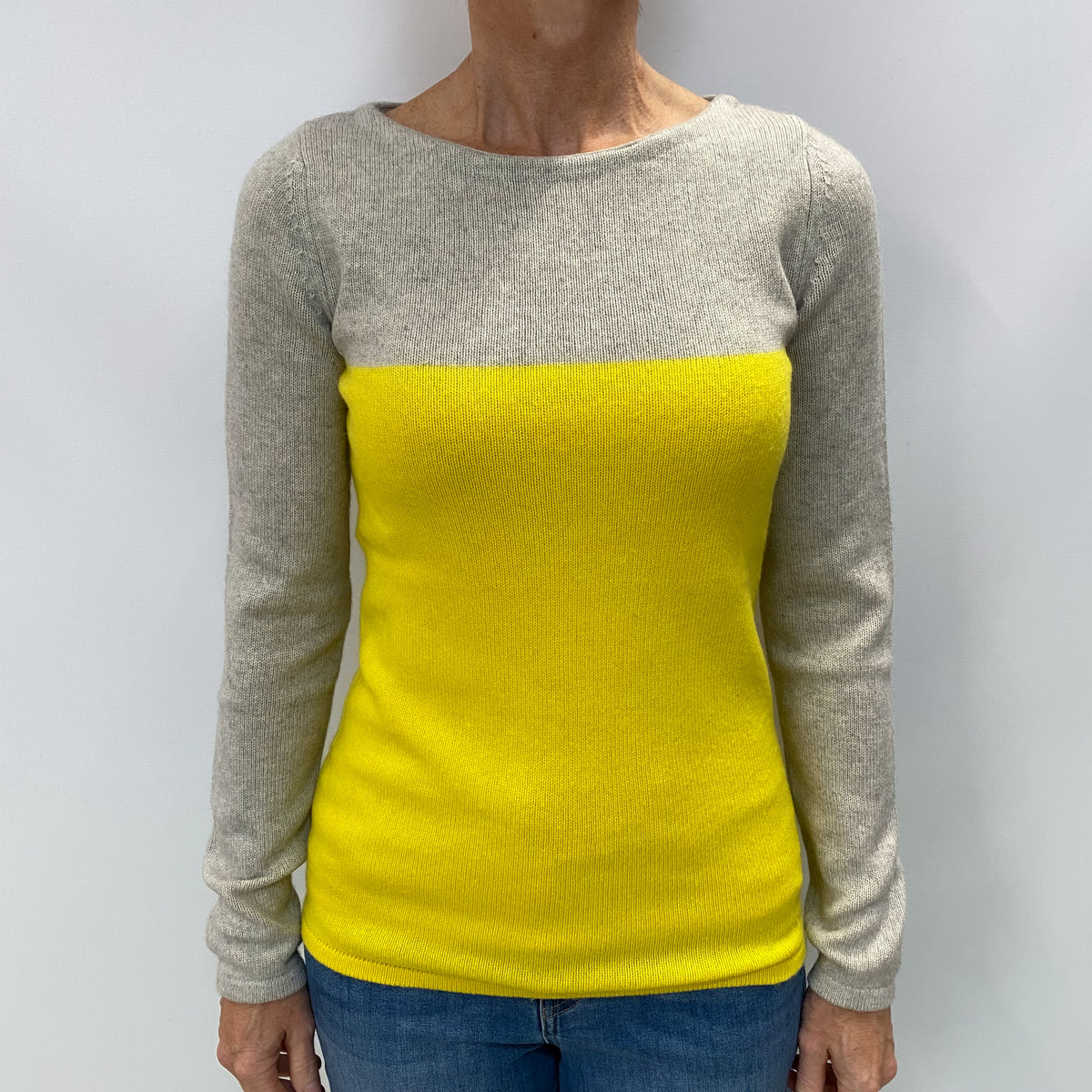 Frost Grey and Lemon Colour Block Cashmere Crew Neck Jumper Small
