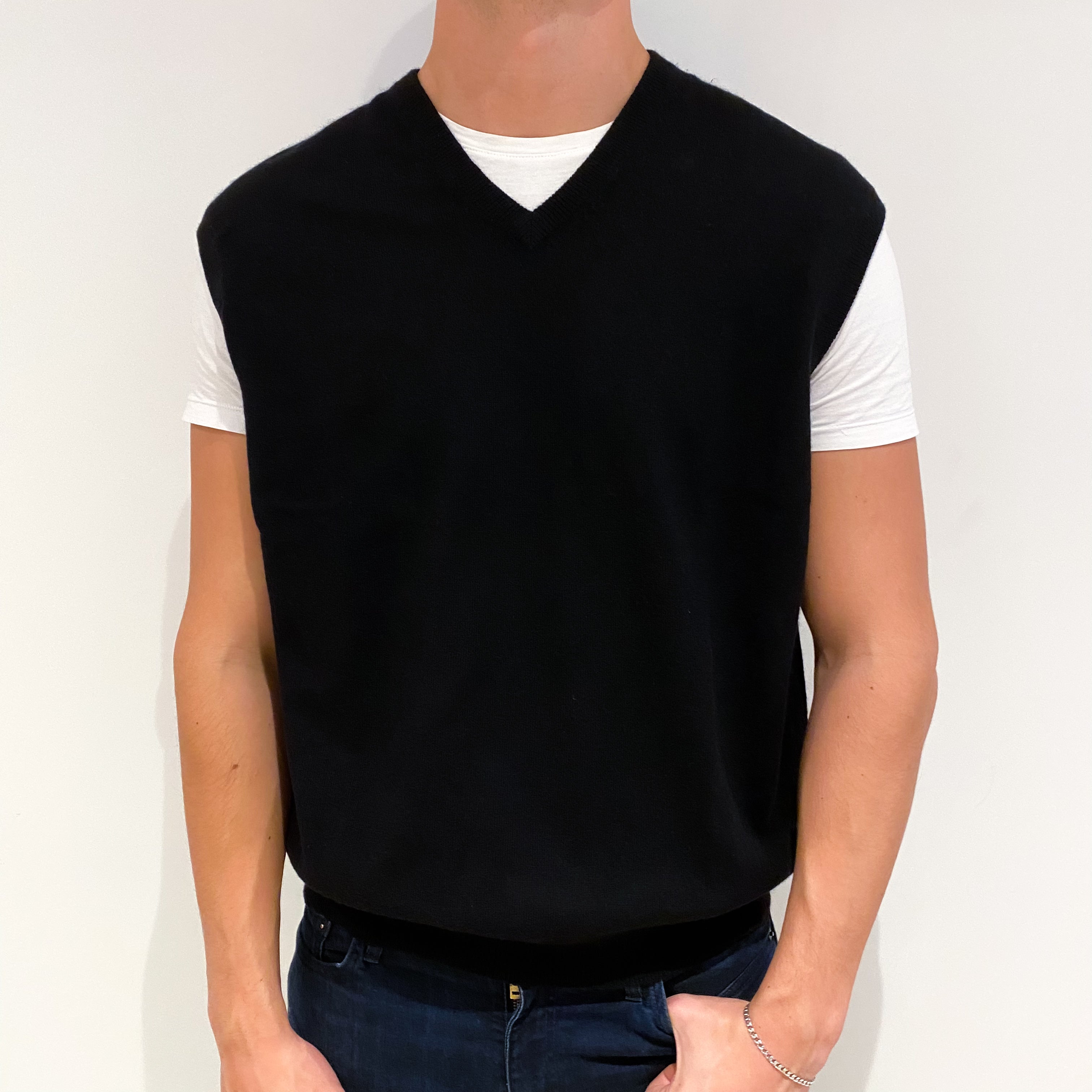 Men's Black Cashmere V-Neck Tank Top Extra Extra Large